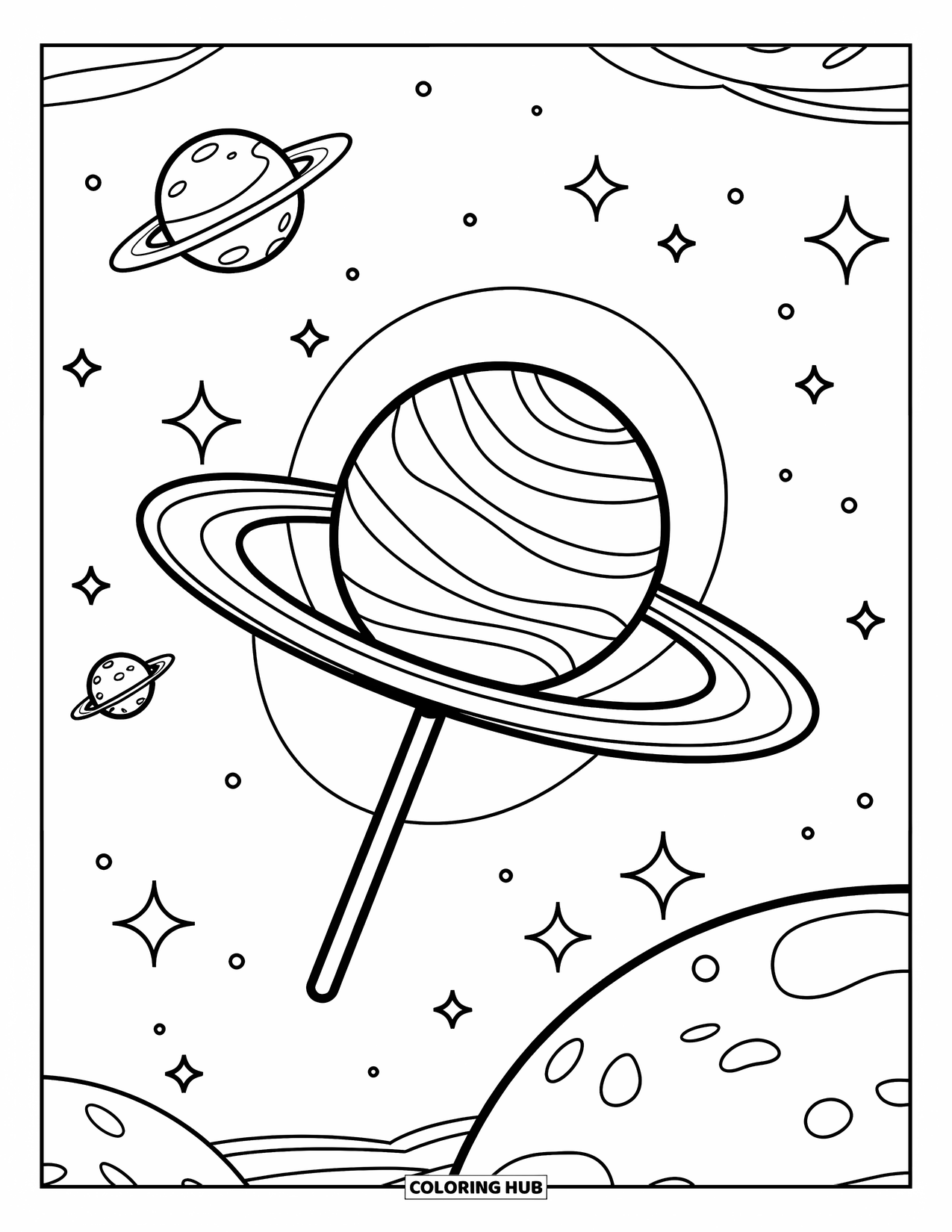 Lolly Kleurplaat voor Kinderen: Een zwevende lolly met ruimtethema met kleine planeten die in een sterrenheelal draaien