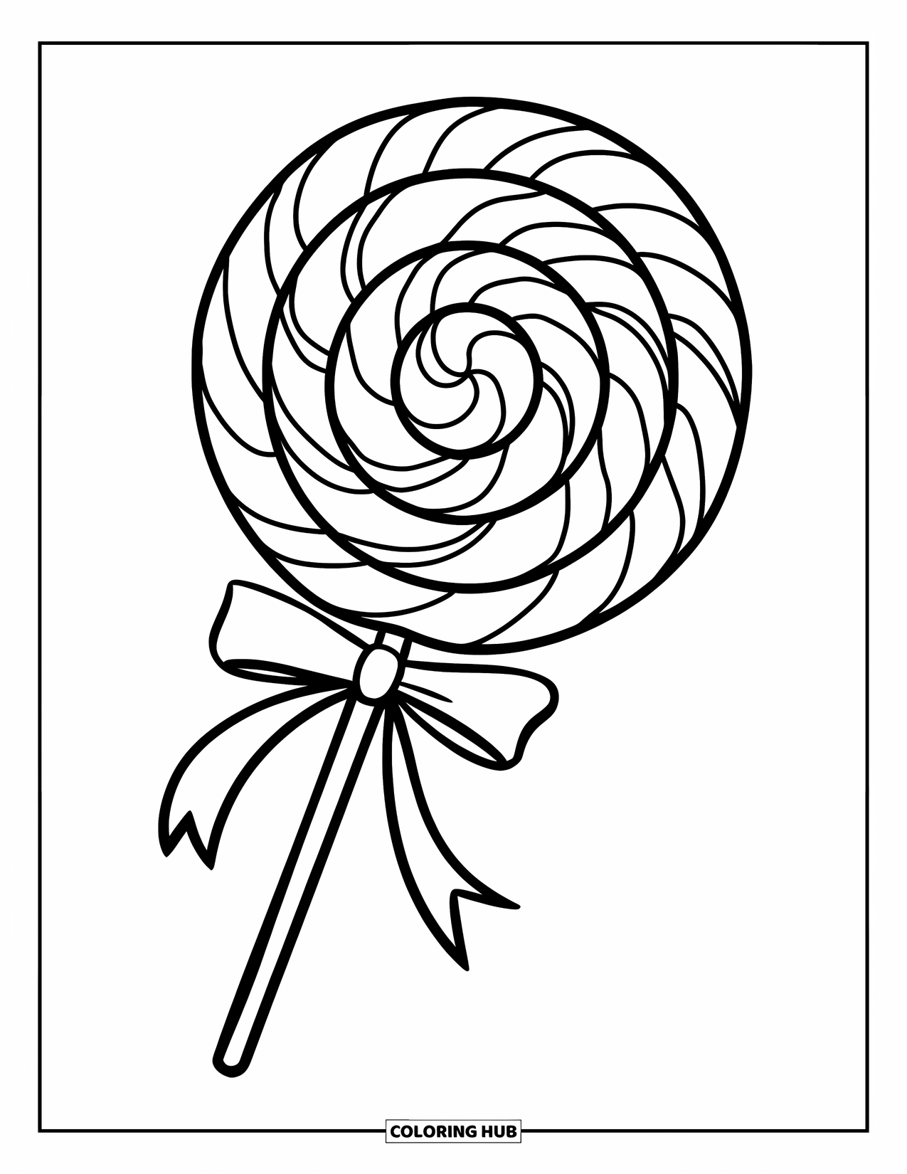 Lolly Kleurplaat voor Kinderen: Een gigantische lolly met een spiraalvormig ontwerp en een decoratieve strik