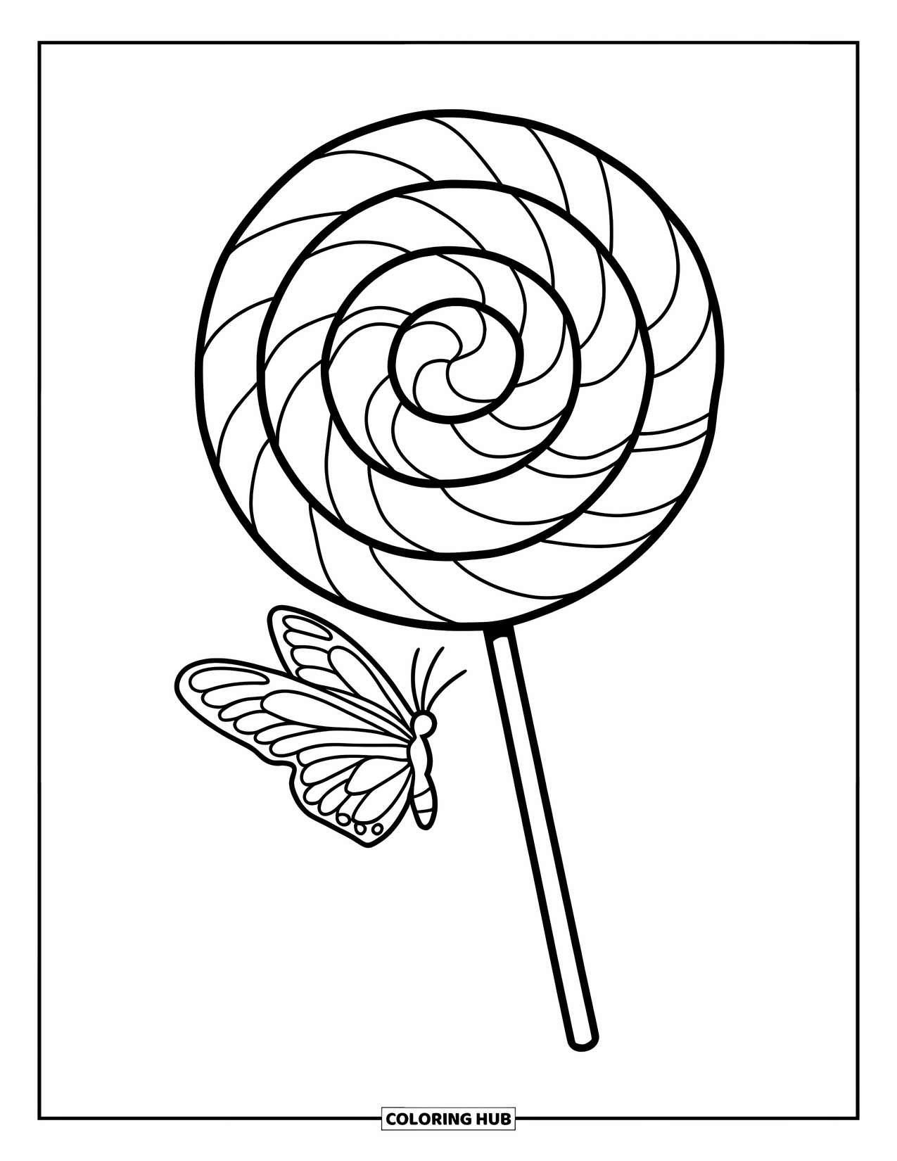Lolly Kleurplaat voor Kinderen: Een gigantische gewervelde lolly die rechtop staat met een kleine vlinder die op de stok rust