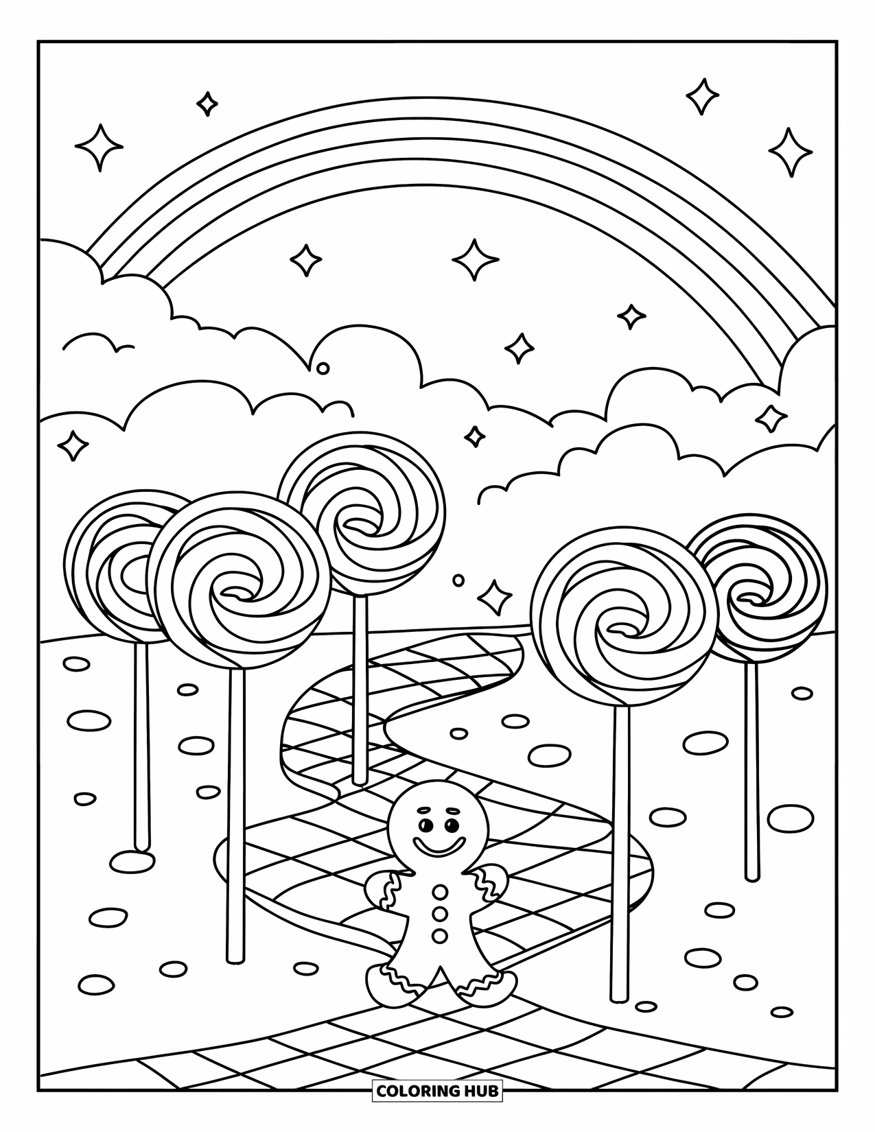 Lolly Kleurplaat voor Kinderen: Een winegum pad dat naar een snoephuis leidt, met een peperkoekmannetje dat erop loopt