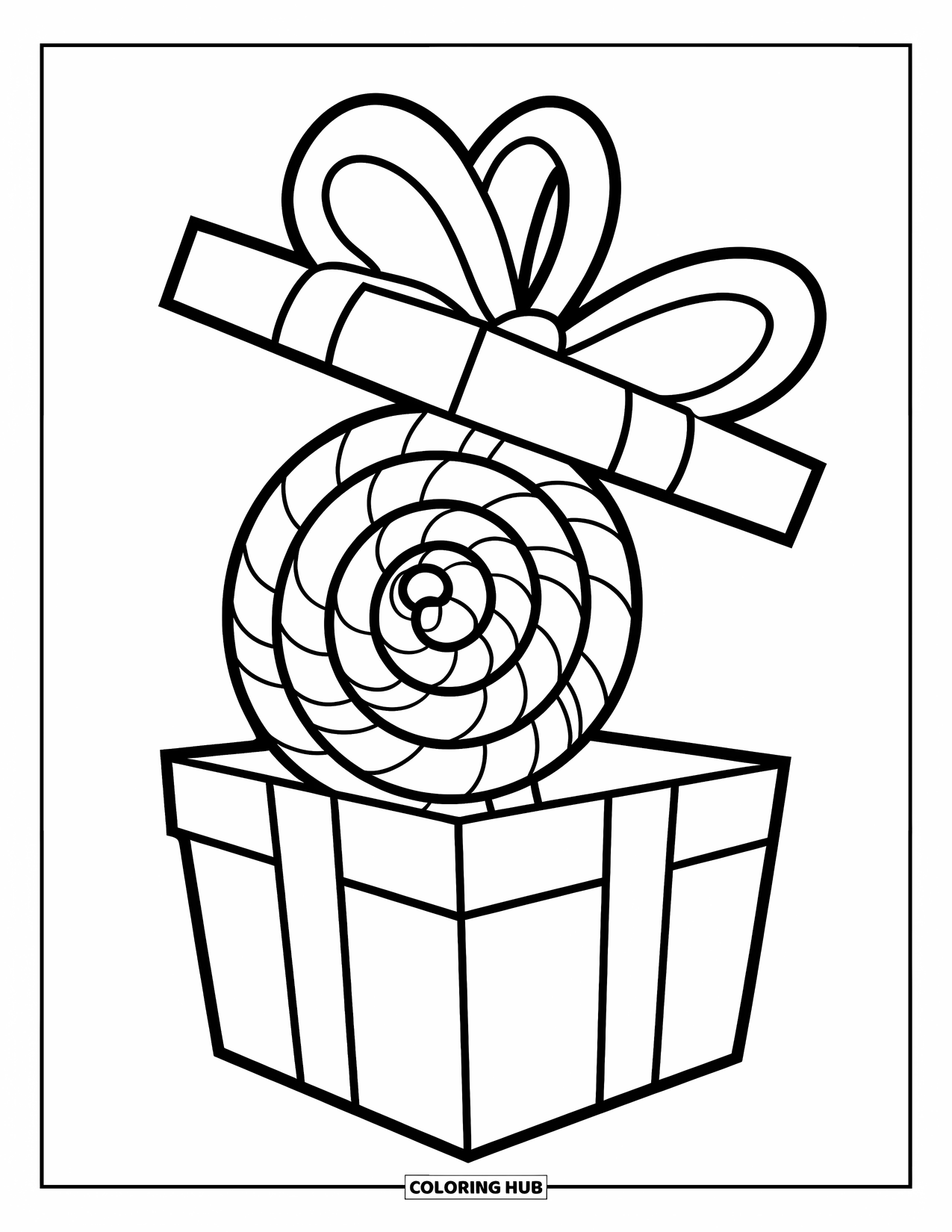 Lolly Kleurplaat voor Kinderen: Een grote lolly geplaatst in een geschenkdoos verpakt met een grote decoratieve strik