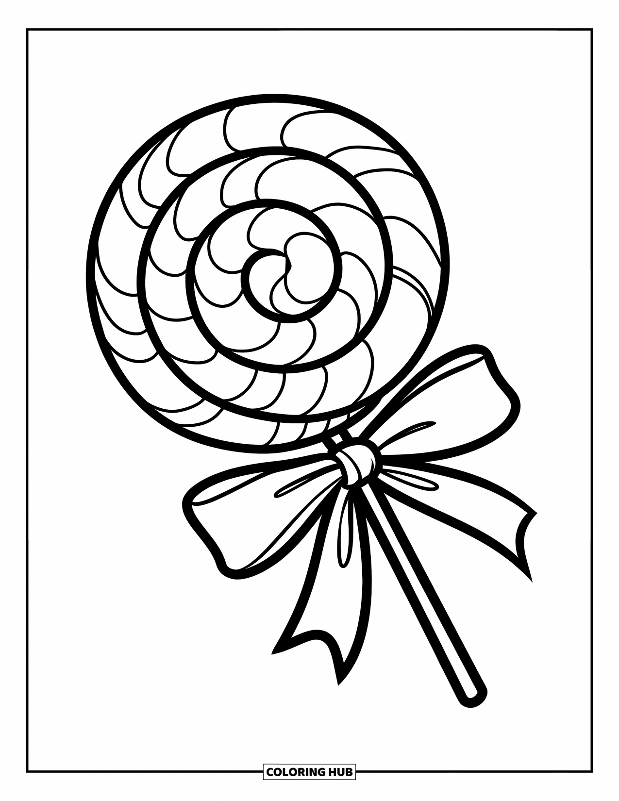Lolly Kleurplaat voor Kinderen: Een grote gewervelde lolly met een lint om de stok gebonden