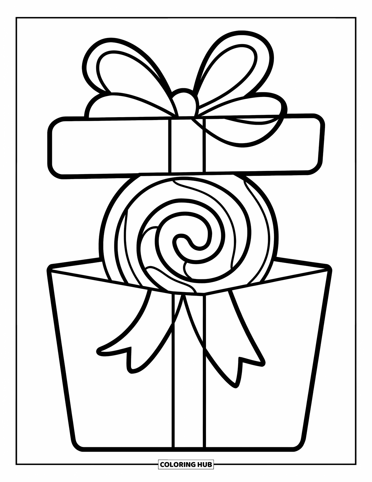 Lolly Kleurplaat voor Kinderen: Een lolly geschenkdoos vastgebonden met een strik, geplaatst op een houten oppervlak