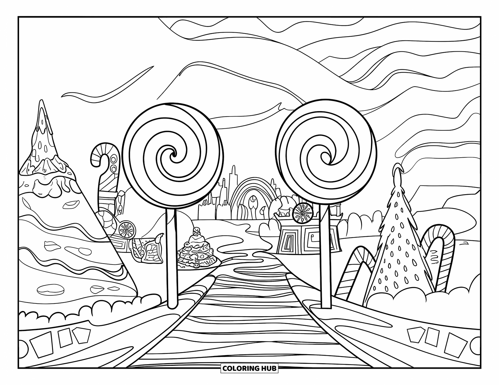 Lolly Kleurplaat voor Kinderen: Een magisch snoepjesland met lollypoorten, chocoladefonteinen en een winegum kasteel