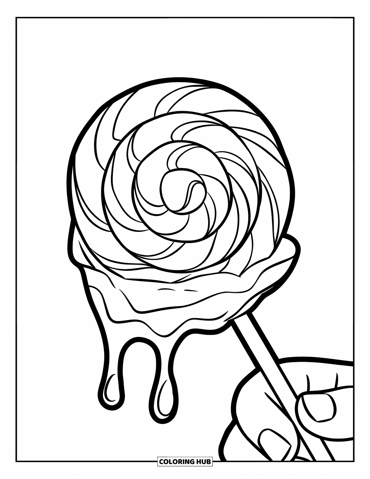 Lolly Kleurplaat voor Kinderen: Een smeltende lolly die door een hand wordt vastgehouden en op het oppervlak eronder druipt