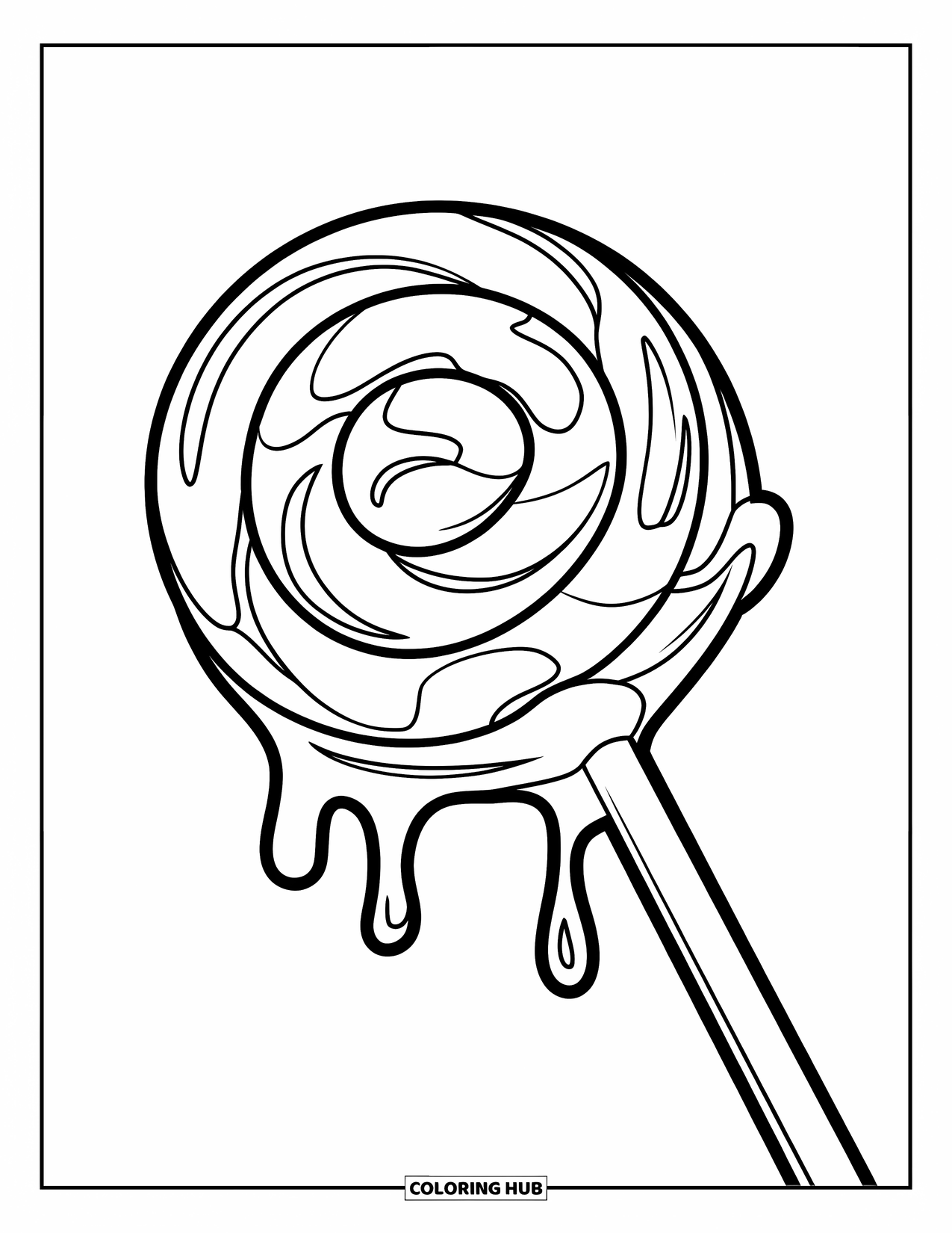 Lolly Kleurplaat voor Kinderen: Een smeltende lolly met een dynamisch druipeffect, dat de nadruk legt op de suikerachtige textuur