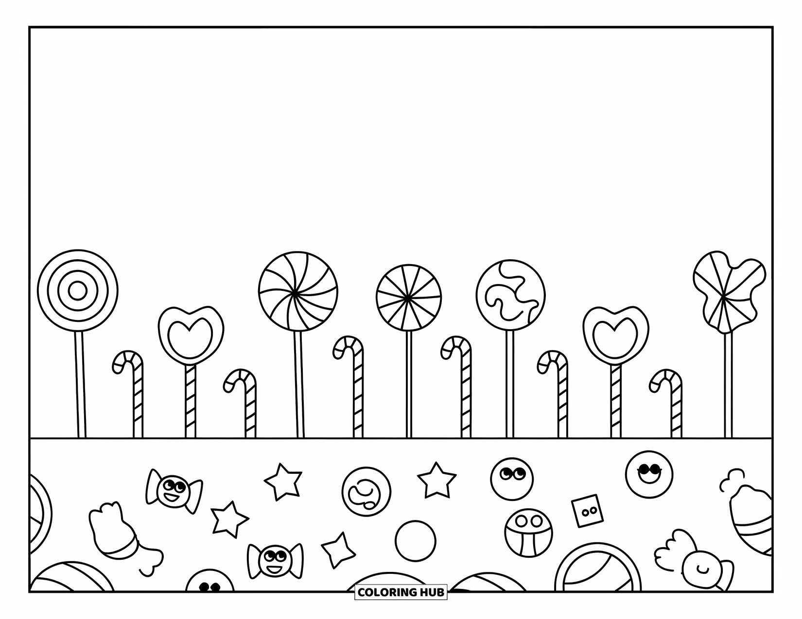 Lolly Kleurplaat voor Kinderen: Een speelse snoeptuin met hart-, ster- en cirkelvormige lolly's netjes op een rij