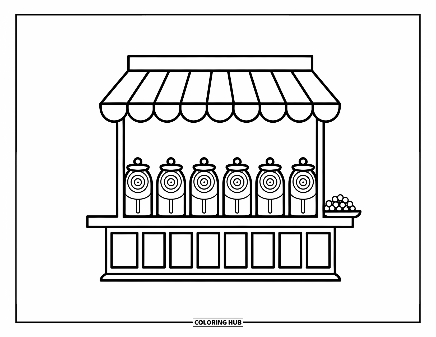 Lolly Kleurplaat voor Kinderen: Een kleine snoepstandaard met een rood-wit gestreept patroon, met potten lolly's