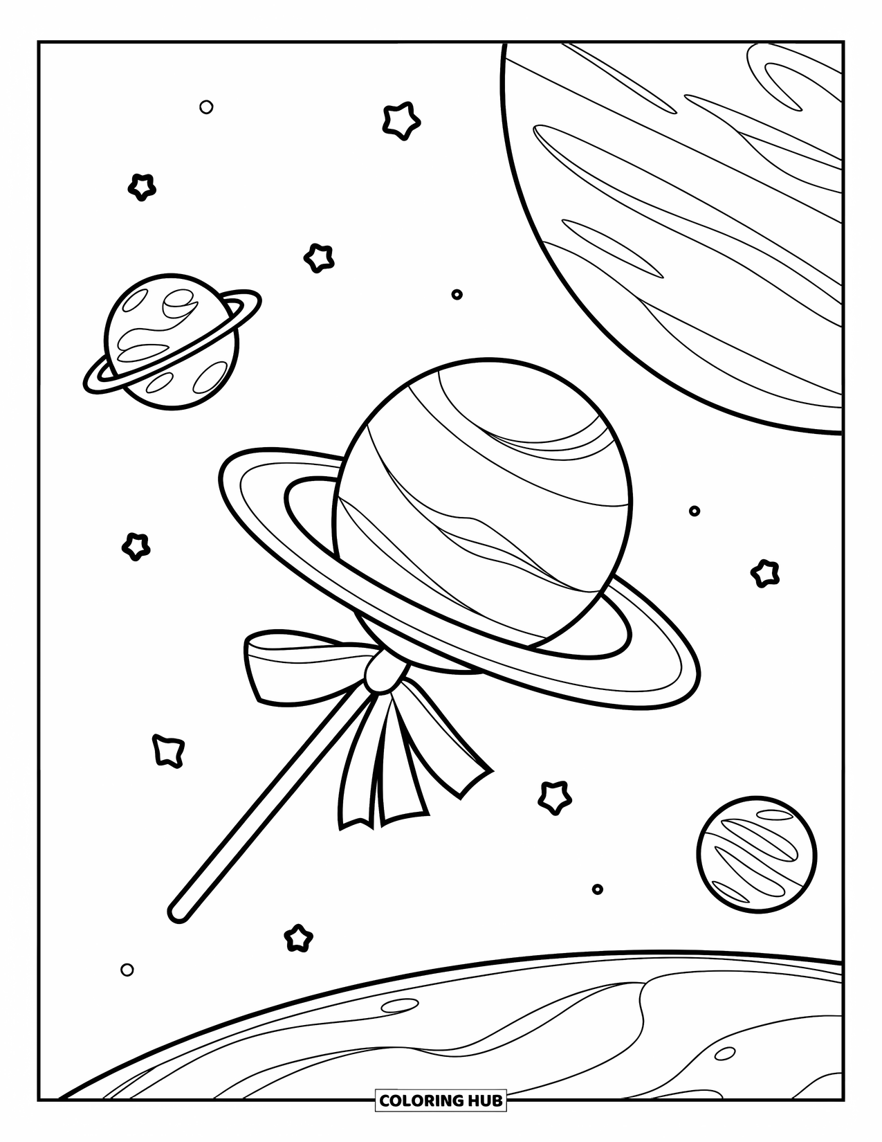 Lolly Kleurplaat voor Kinderen: Een lolly met ruimtethema met draaiende planeten tegen een uitgestrekte sterrenhemel