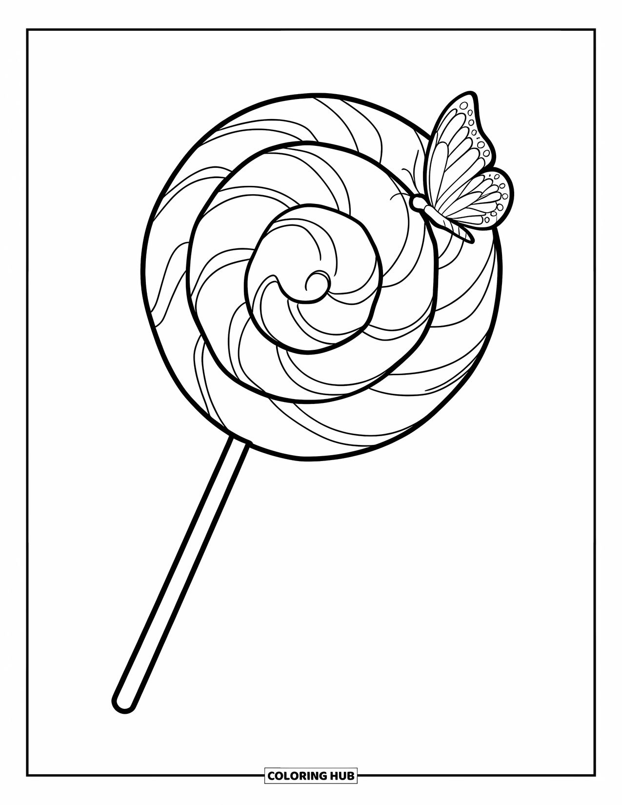 Lolly Kleurplaat voor Kinderen: Een spiraalvormige lolly met meerdere lagen, die hoog staat met een vlinder in de buurt