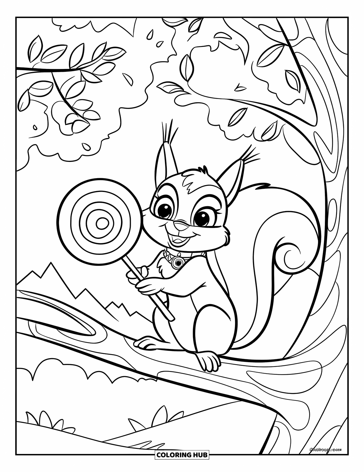 Lolly Kleurplaat voor Kinderen: Een eekhoorn met een decoratieve halsband, die een lolly vasthoudt op een tak in een bos