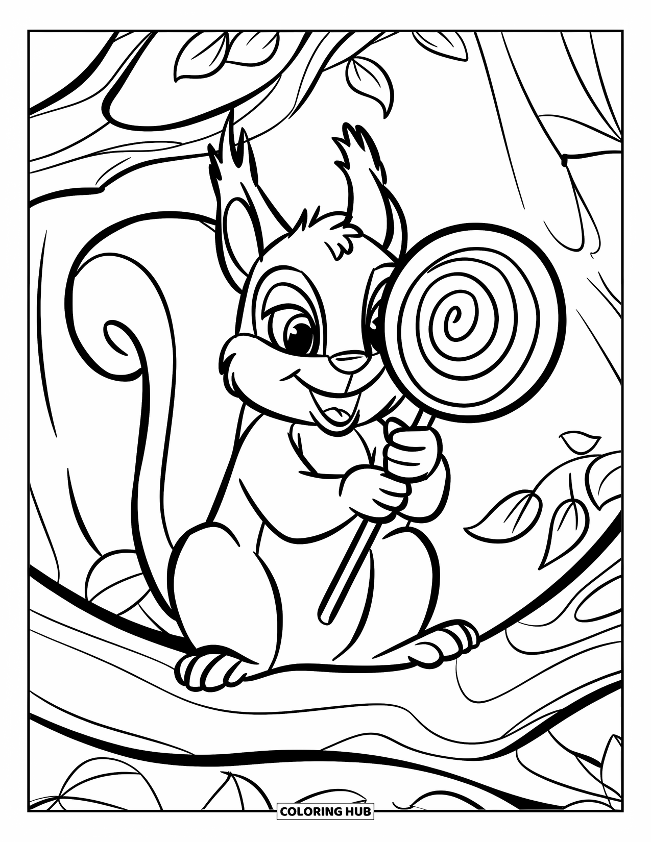 Lolly Kleurplaat voor Kinderen: Een eekhoorn met grote ogen en een vest, genietend van een gewervelde lolly op een boomtak