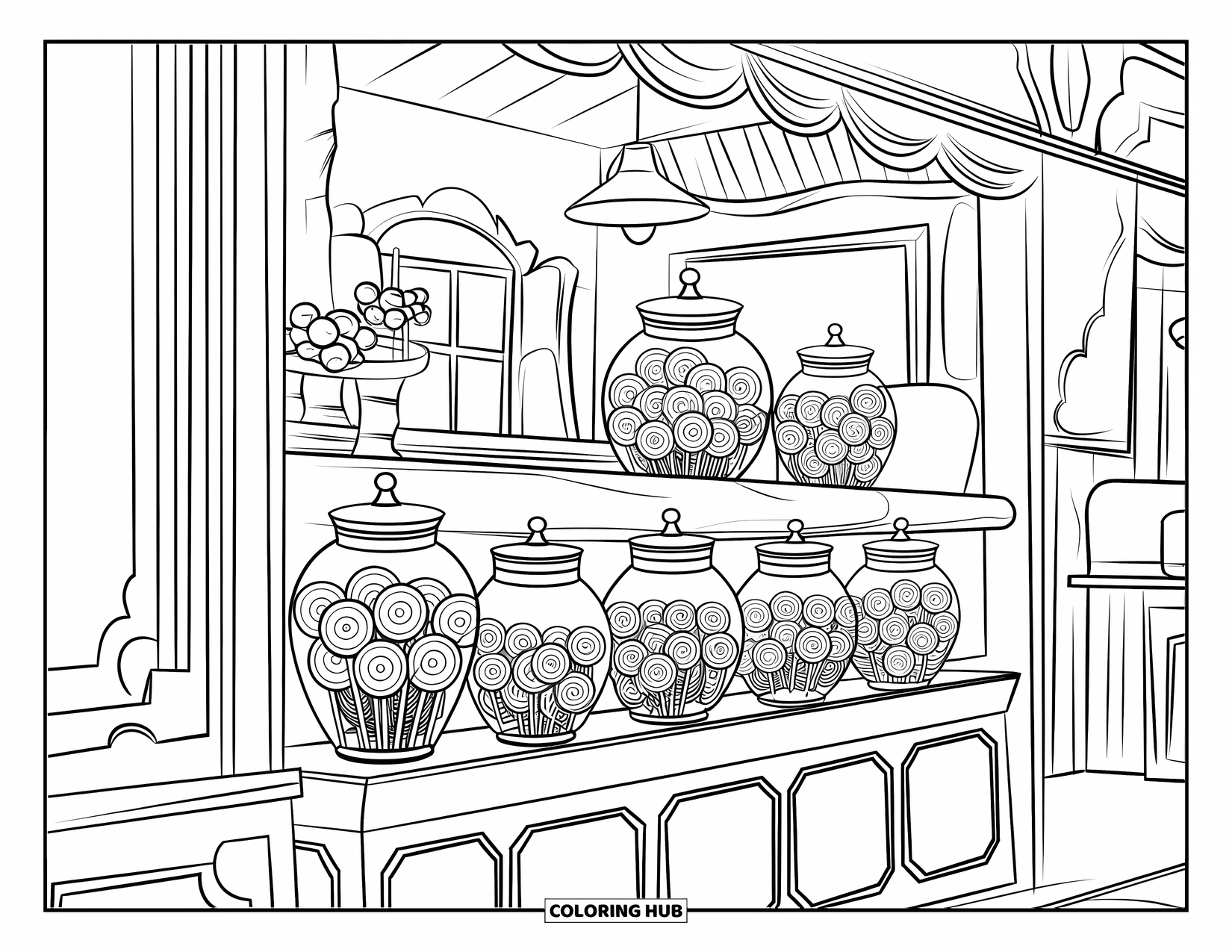 Lolly Kleurplaat voor Kinderen: Een snoepwinkel in vintage stijl met potten lolly's netjes gerangschikt op houten planken