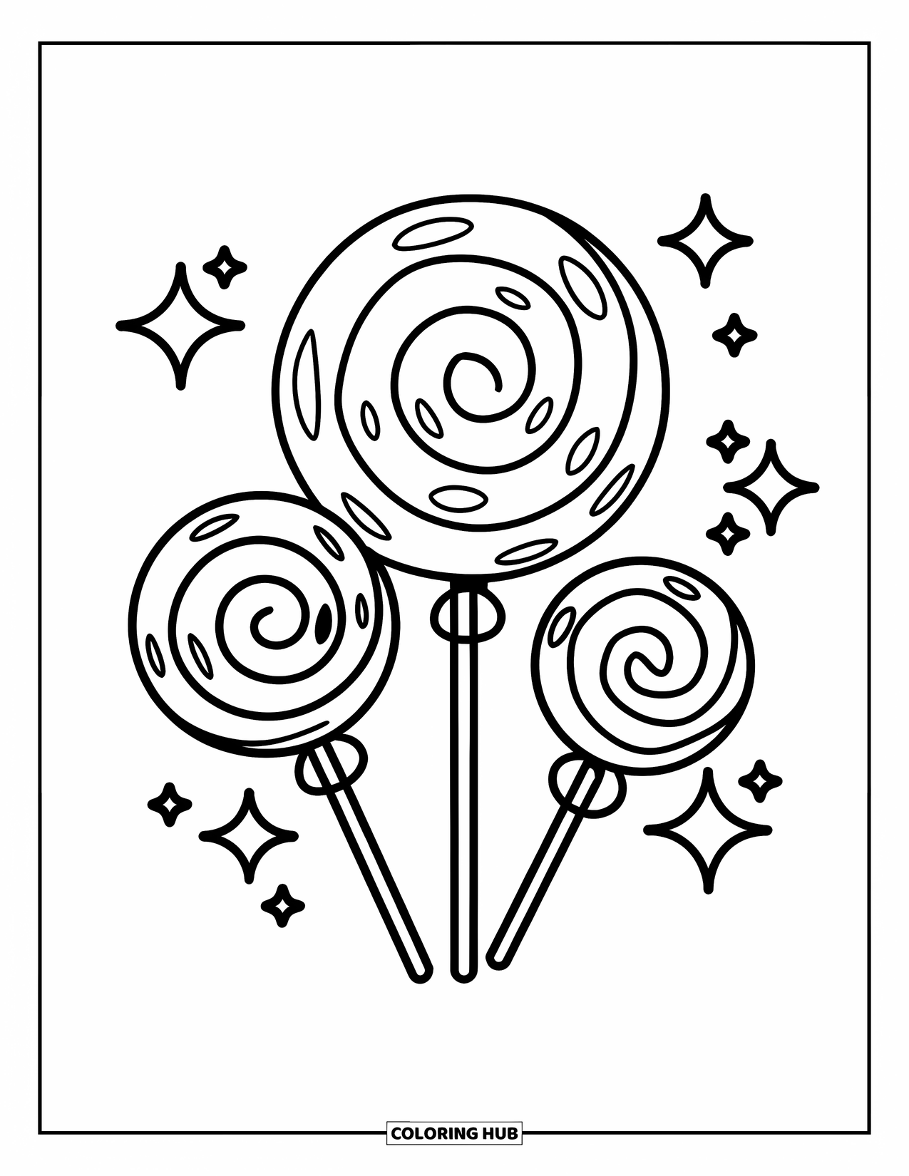 Lolly Kleurplaat voor Kinderen: Een grillig trio van lolly's, elk met een uniek spiraalvormig ontwerp en glitters