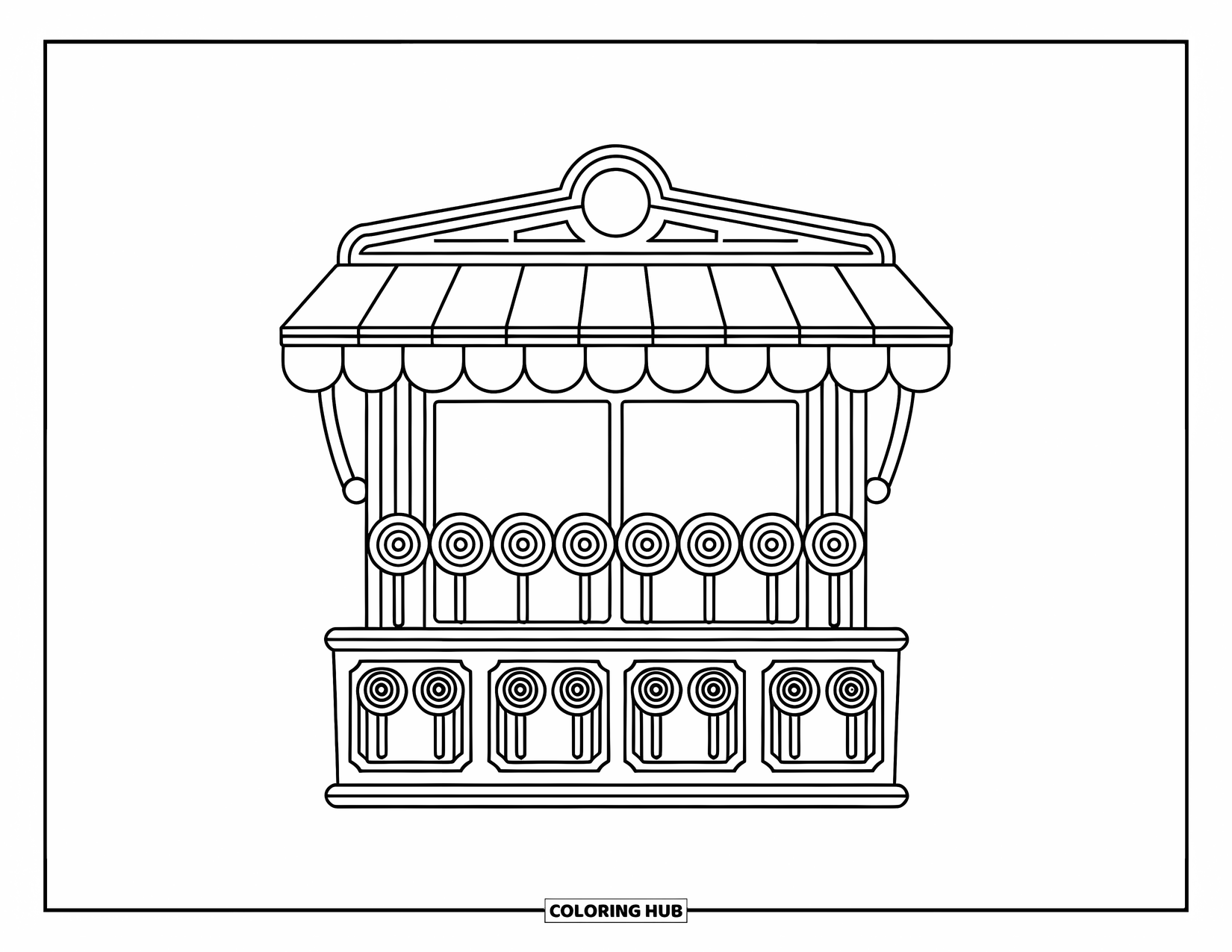 Lolly Kleurplaat voor Kinderen: Een houten snoepwinkelstandaard gevuld met lolly's in glazen potten, klaar voor klanten