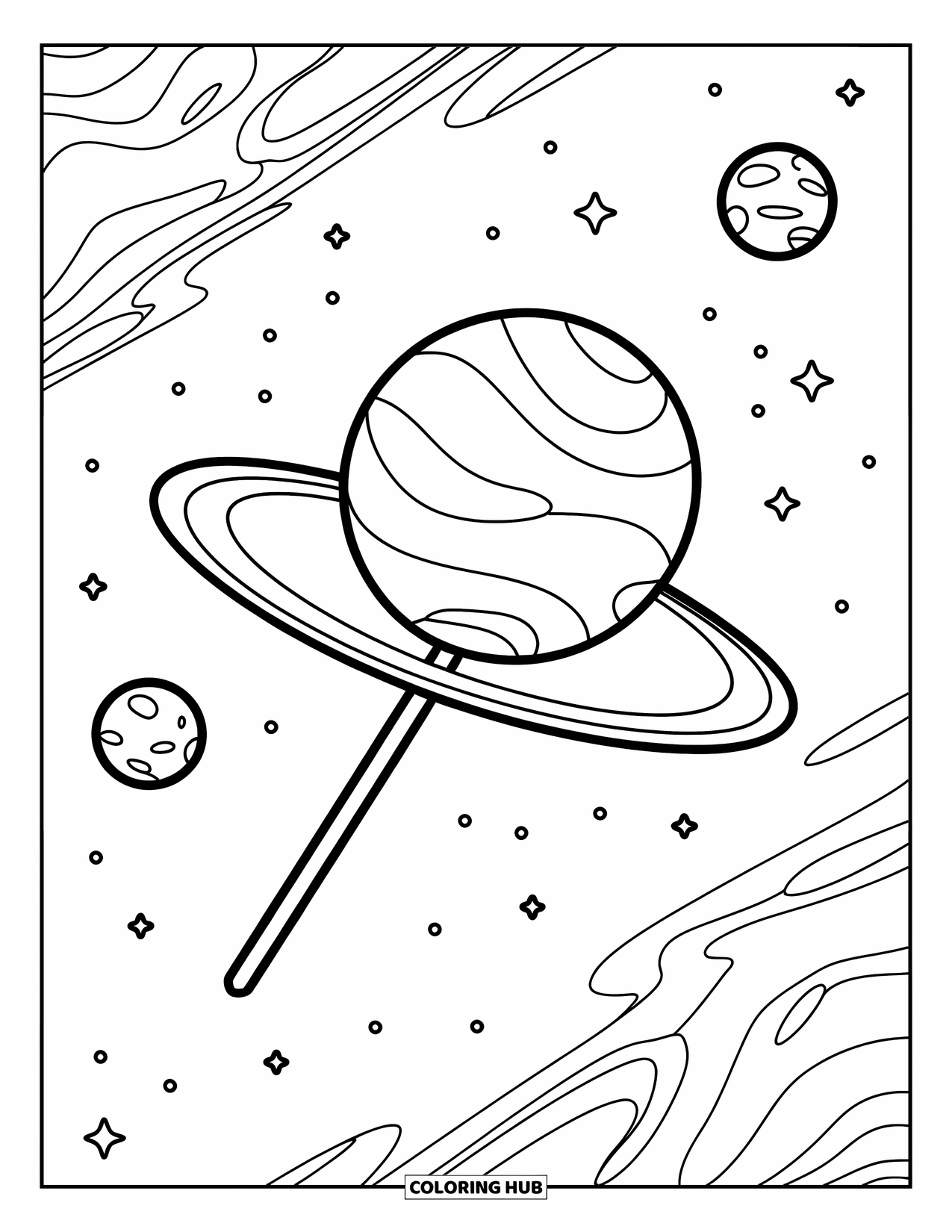 Lolly Kleurplaat voor Kinderen: Een lolly in gewichtloosheid die zweeft tussen kleine planeten in een diepe ruimte omgeving