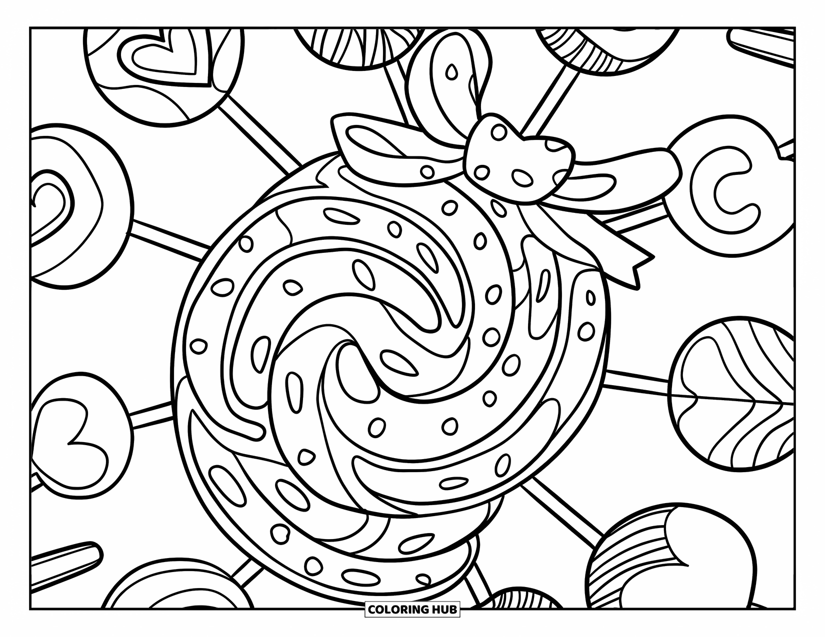 Lolly Kleurplaat voor Kinderen: Lolly's van verschillende vormen, waaronder harten en sterren, samengebonden met een lint