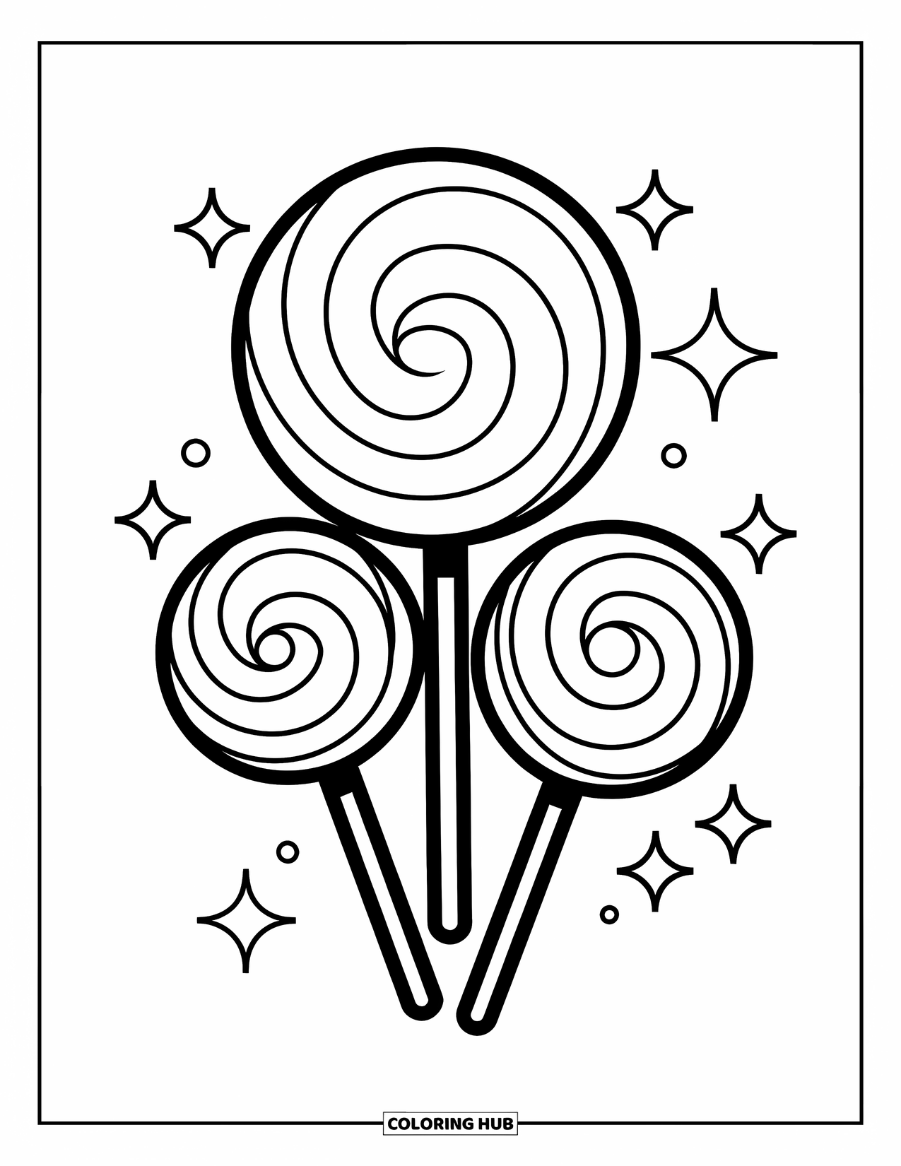 Lolly Kleurplaat voor Kinderen: Drie verschillende lolly's met wervelende patronen en kleine sprankelende details