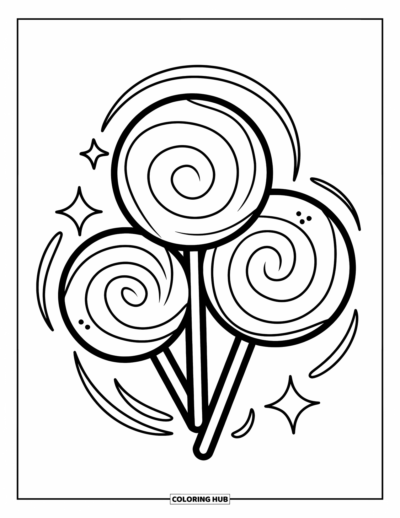 Lolly Kleurplaat voor Kinderen: Drie ronde lolly's van verschillende groottes, omringd door glitters