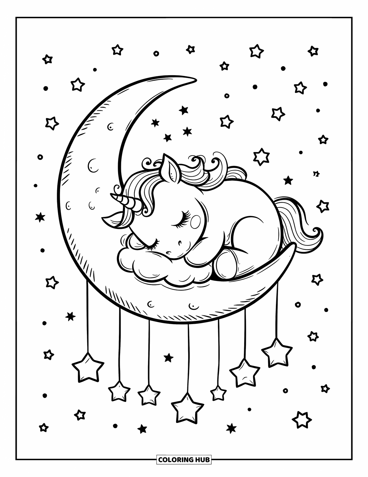 Dibujo de luna para colorear para adultos: Un bebé unicornio se acurruca en una luna llena, rodeado de estrellas colgantes y un cielo nocturno pacífico
