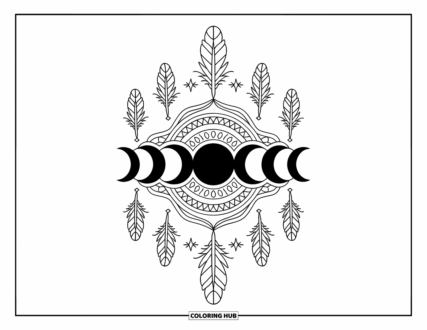 Dibujo de luna para colorear para adultos: Un diseño bohemio de fases lunares con lunas crecientes y llenas, adornado con intrincados patrones geométricos y plumas