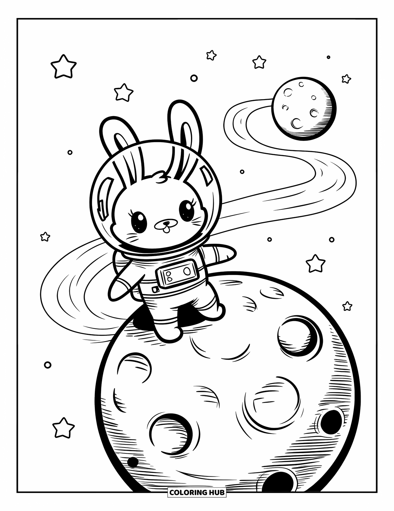Dibujo de luna para colorear para adultos: Un conejito astronauta rebota en una luna llena, usando un casco de gran tamaño en un cielo estrellado