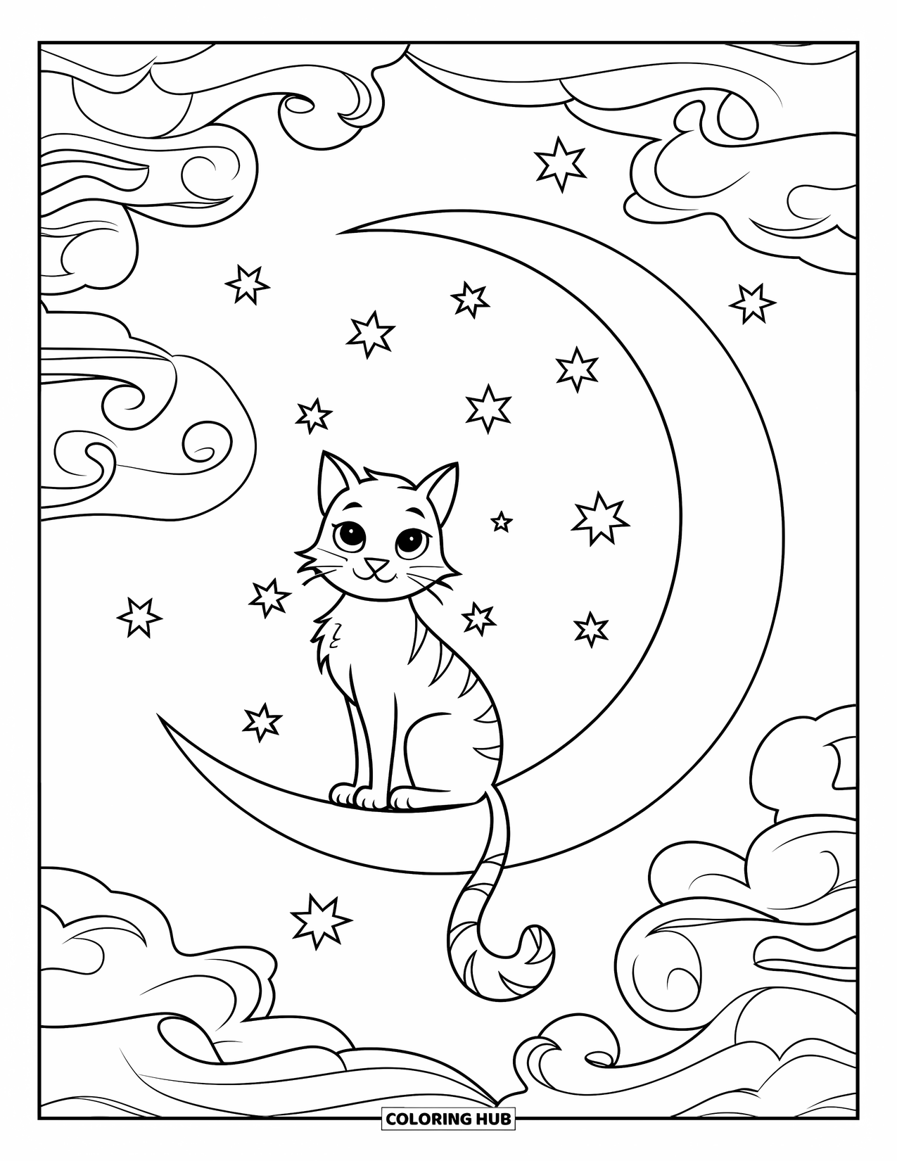 Dibujo de luna para colorear para adultos: Un gato celestial descansa en una luna creciente, enmarcado por estrellas arremolinadas y adornos cósmicos de ensueño