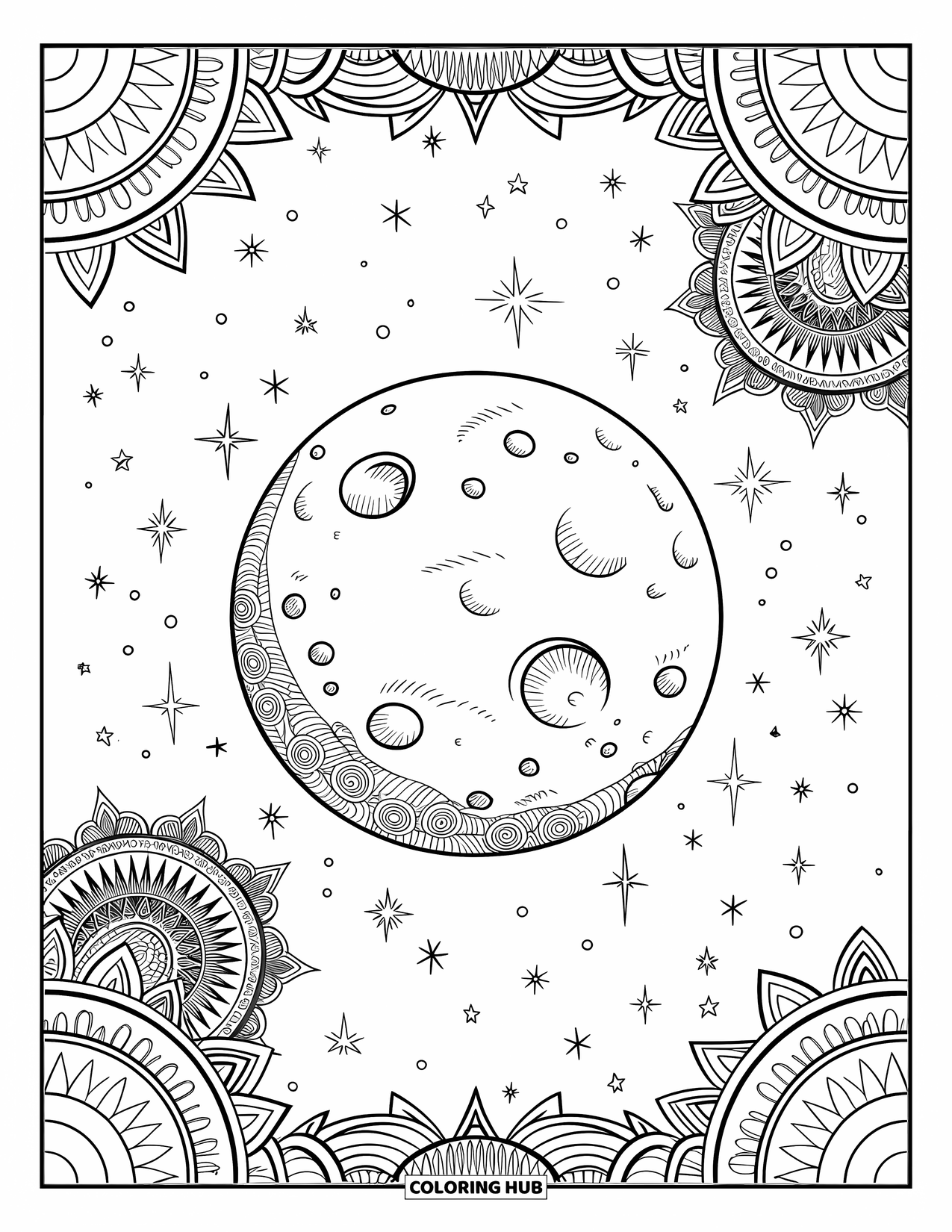 Dibujo de luna para colorear para adultos: Una luna llena celestial, rica en texturas de cráteres, flota entre galaxias en espiral, delicados motivos de mandala y estrellas brillantes