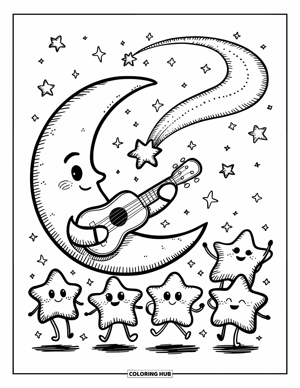 Dibujo de luna para colorear para adultos: Una alegre luna creciente rasguea un ukelele mientras estrellas brillantes bailan en el cielo
