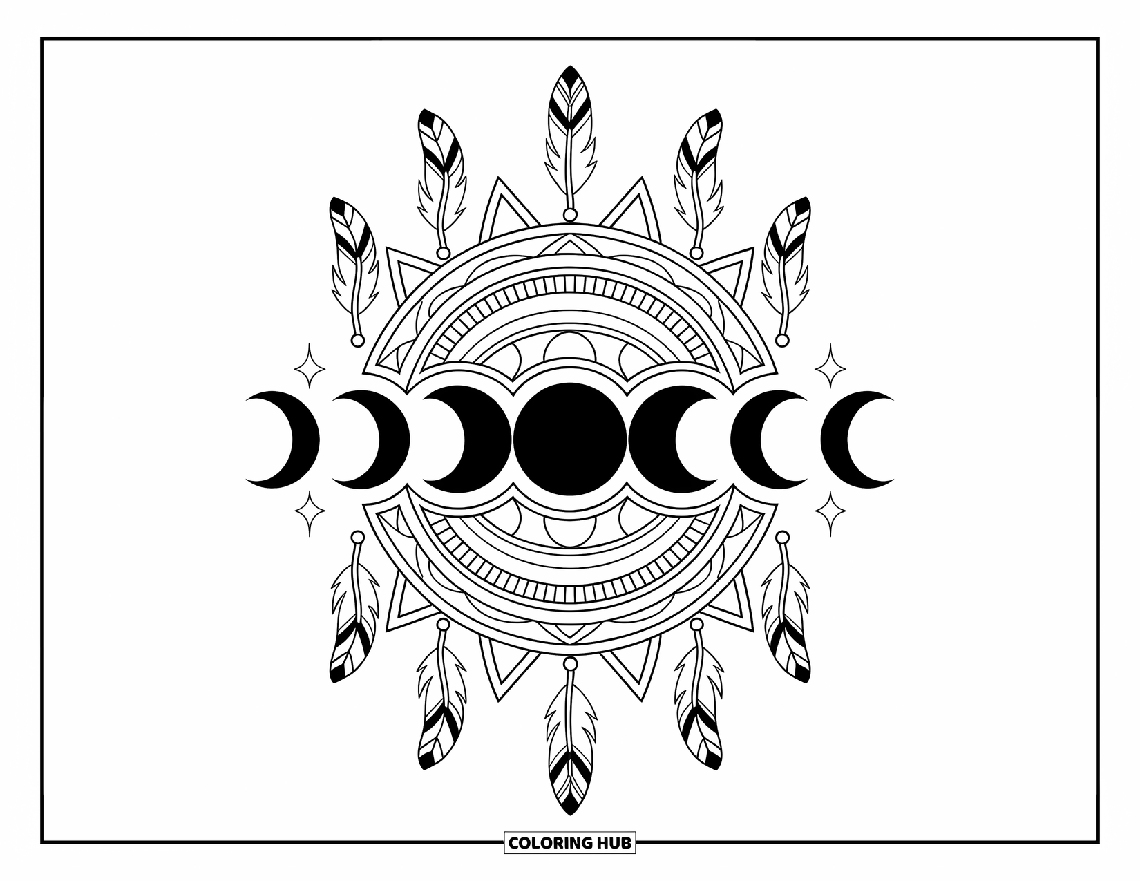 Dibujo de luna para colorear para adultos: Una secuencia cósmica de fases lunares enmarcada por patrones bohemios, plumas fluidas y elementos geométricos elegantes