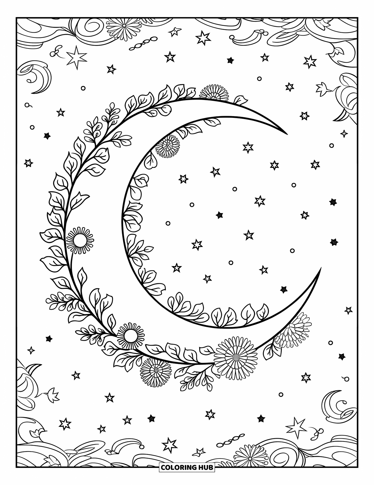 Dibujo de luna para colorear para adultos: Una luna creciente abrazada por florecientes enredaderas florales, sobre un fondo cósmico etéreo y ornamental