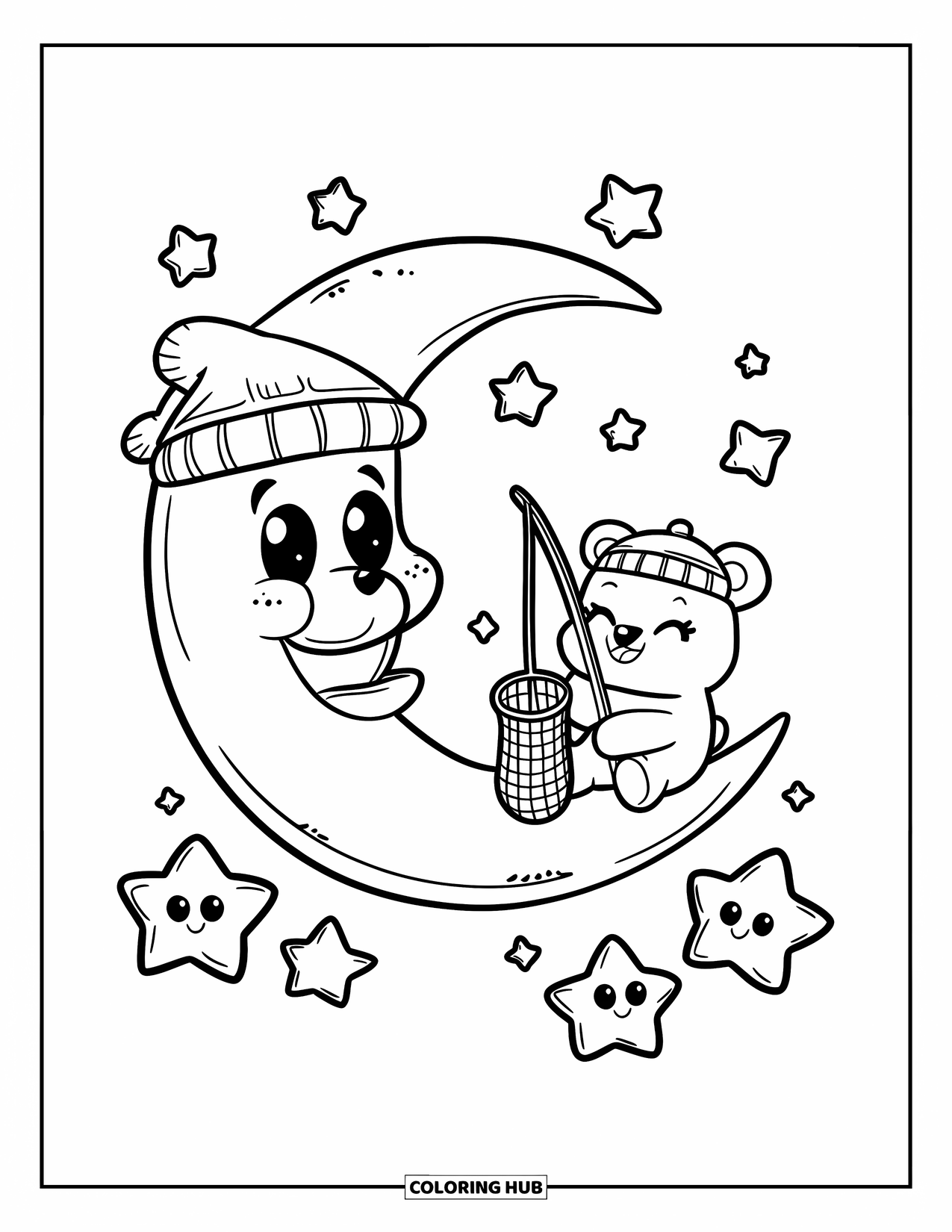 Dibujo de luna para colorear para adultos: Una luna creciente con un gorro de dormir se desplaza pacíficamente mientras un pequeño oso atrapa estrellas con una pequeña red