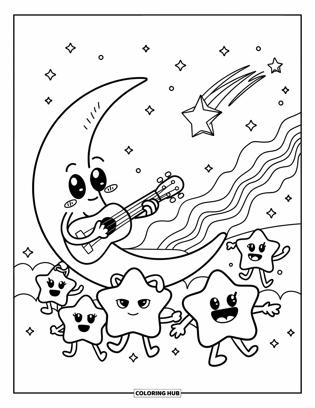 Dibujo de luna para colorear para adultos: Una luna creciente rasguea un pequeño ukelele mientras estrellas alegres bailan alrededor en el cielo nocturno