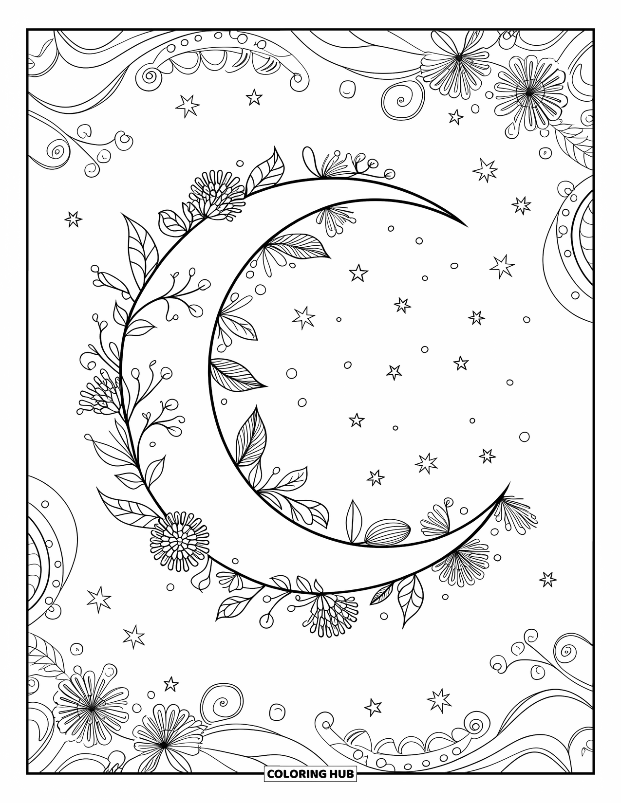 Dibujo de luna para colorear para adultos: Una luna creciente envuelta en delicadas enredaderas florales, rodeada de estrellas brillantes dispersas y un telón de fondo cósmico ornamental