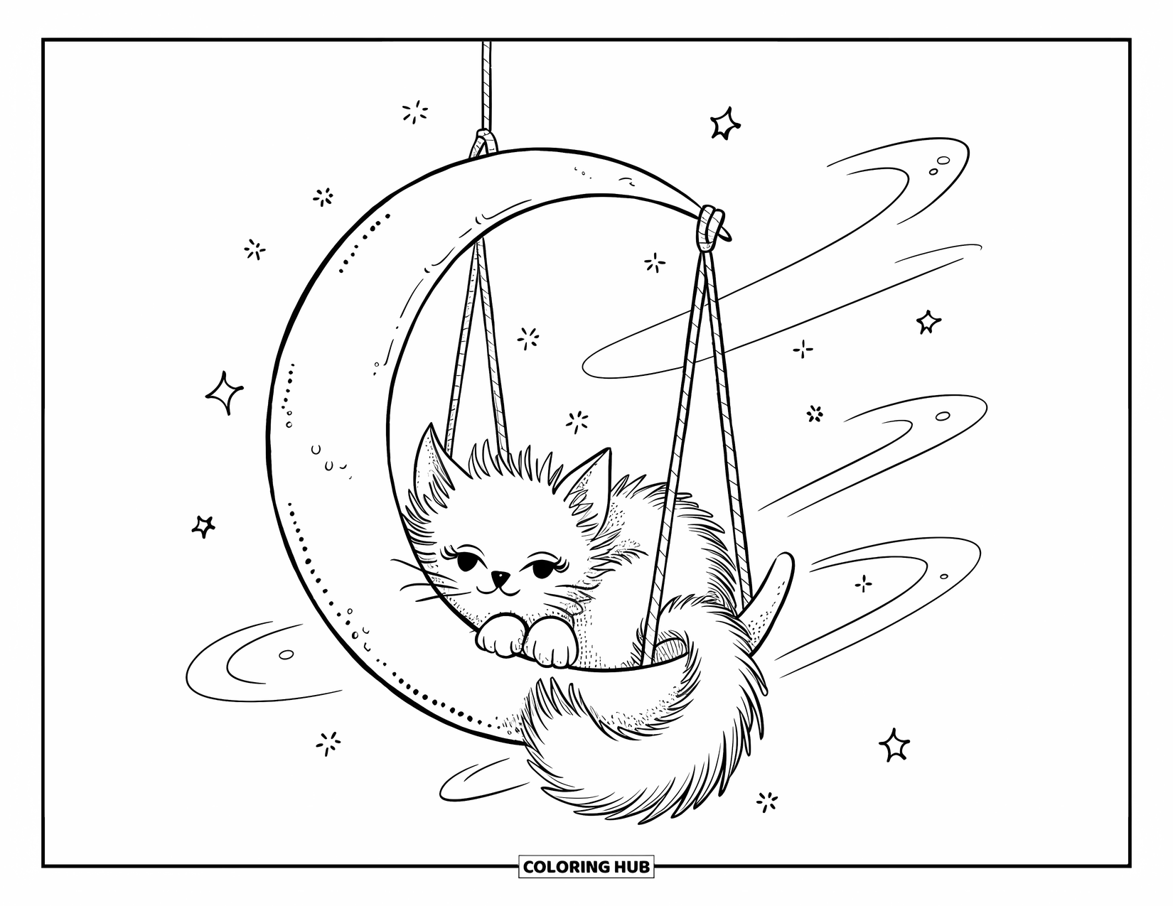 Dibujo de luna para colorear para adultos: Un gato esponjoso se acurruca dentro de un columpio con forma de luna, flotando pacíficamente entre estrellas brillantes
