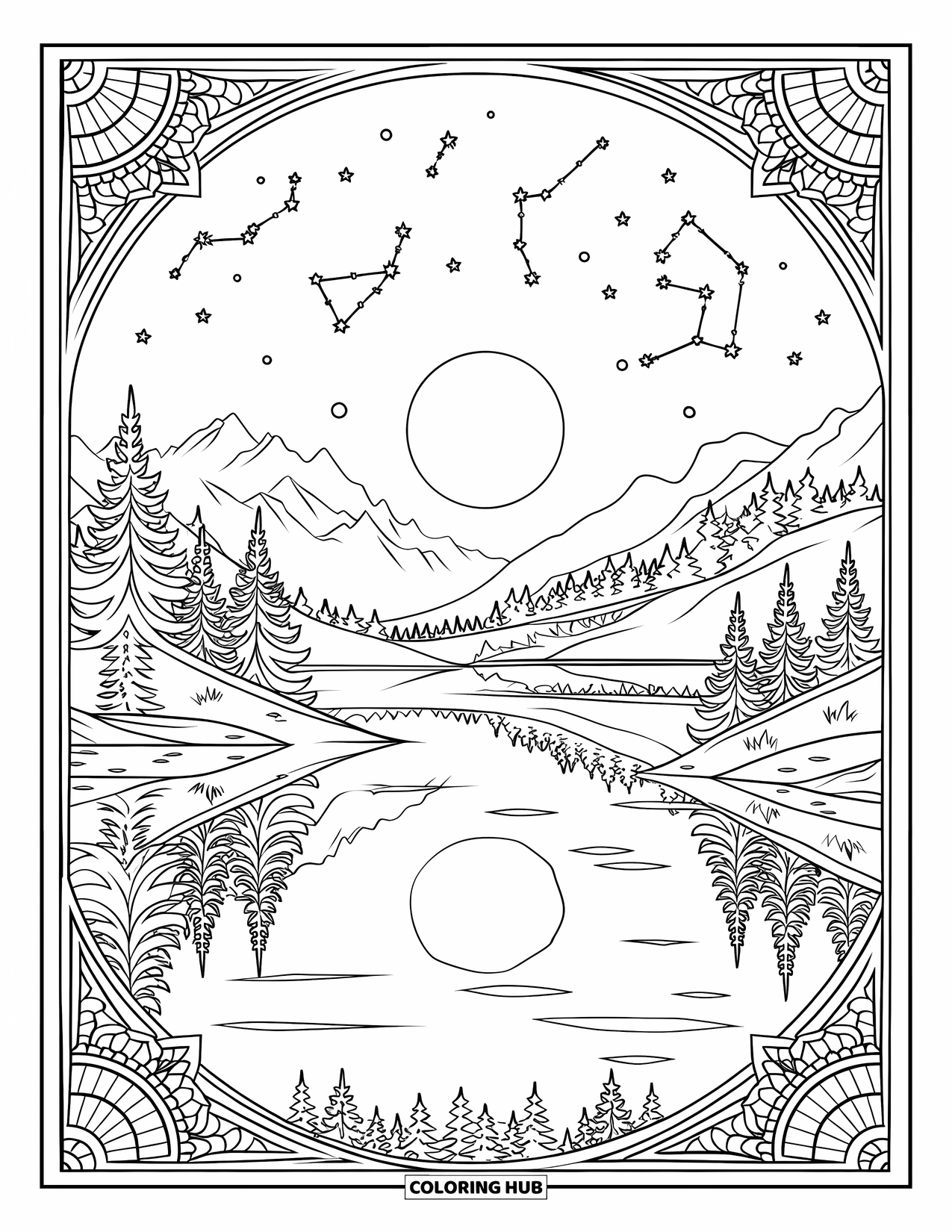 Dibujo de luna para colorear para adultos: Una luna llena se refleja en un lago tranquilo, rodeado de pinos imponentes, montañas y un cielo de constelaciones brillantes
