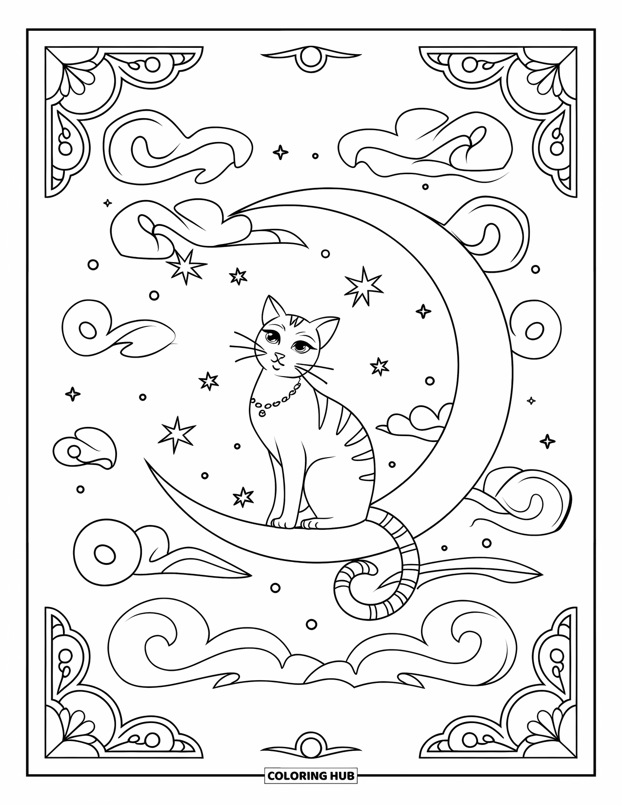 Dibujo de luna para colorear para adultos: Un gato elegante se posa en una luna creciente, contemplando nubes arremolinadas, estrellas brillantes y maravillas cósmicas