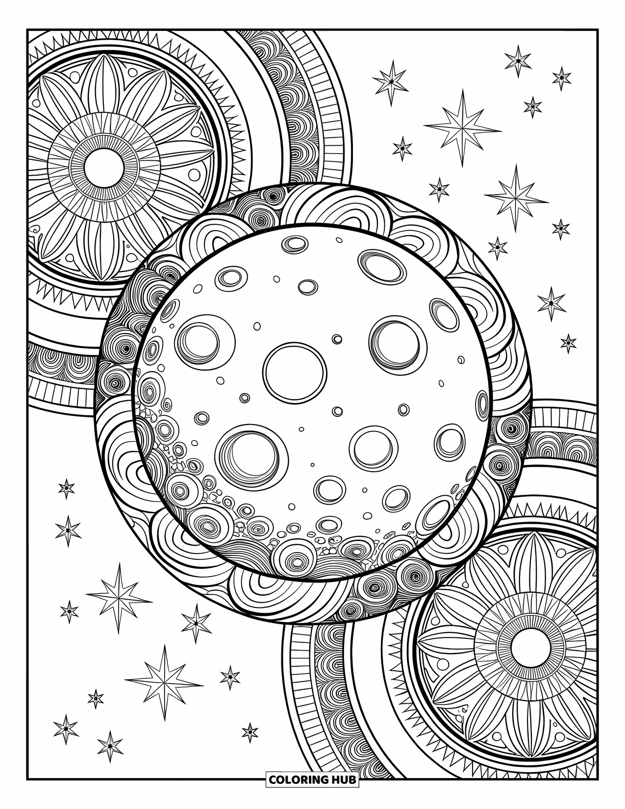 Dibujo de luna para colorear para adultos: Una luna llena luminosa irradia energía cósmica, enmarcada por galaxias arremolinadas, mandalas y detalles celestiales brillantes