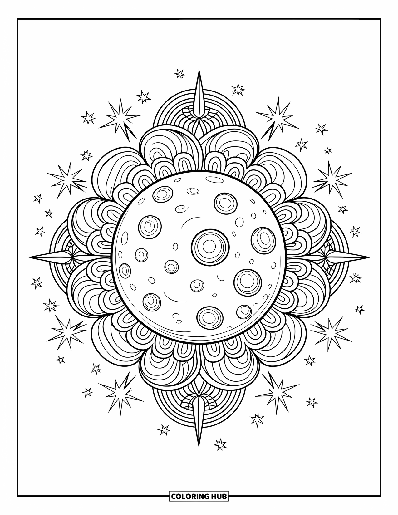 Dibujo de luna para colorear para adultos: Un mandala fascinante centrado en la luna, donde detalles celestiales, patrones de cráteres arremolinados y estrellas cósmicas crean armonía
