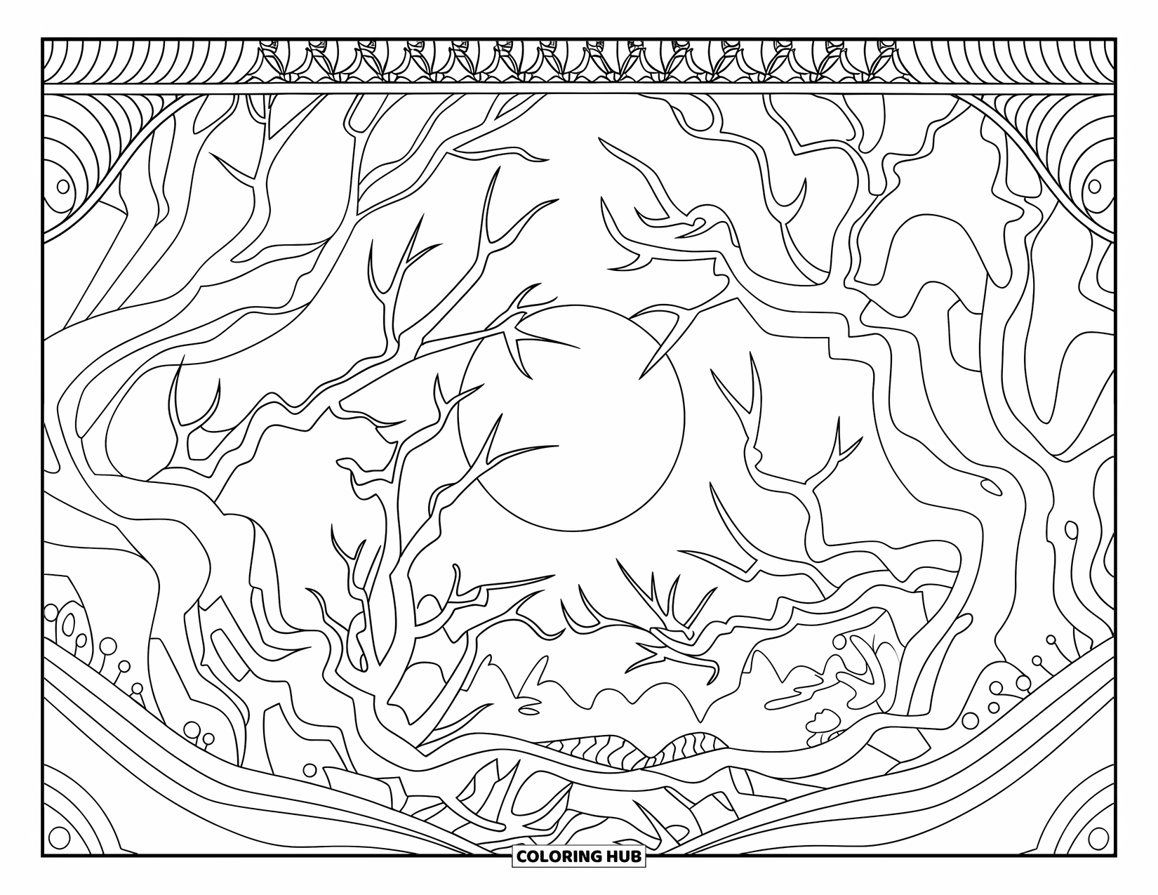 Dibujo de luna para colorear para adultos: Un bosque iluminado por la luna donde árboles retorcidos proyectan sombras, iluminado por el suave resplandor de la luna llena