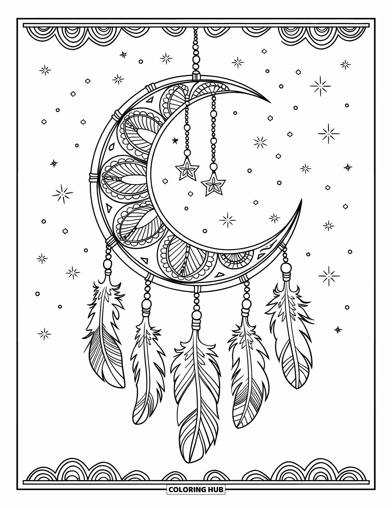 Dibujo de luna para colorear para adultos: Una mística luna creciente, abrazada por un atrapasueños ornamentado, con plumas colgantes, cuentas y diseños arremolinados
