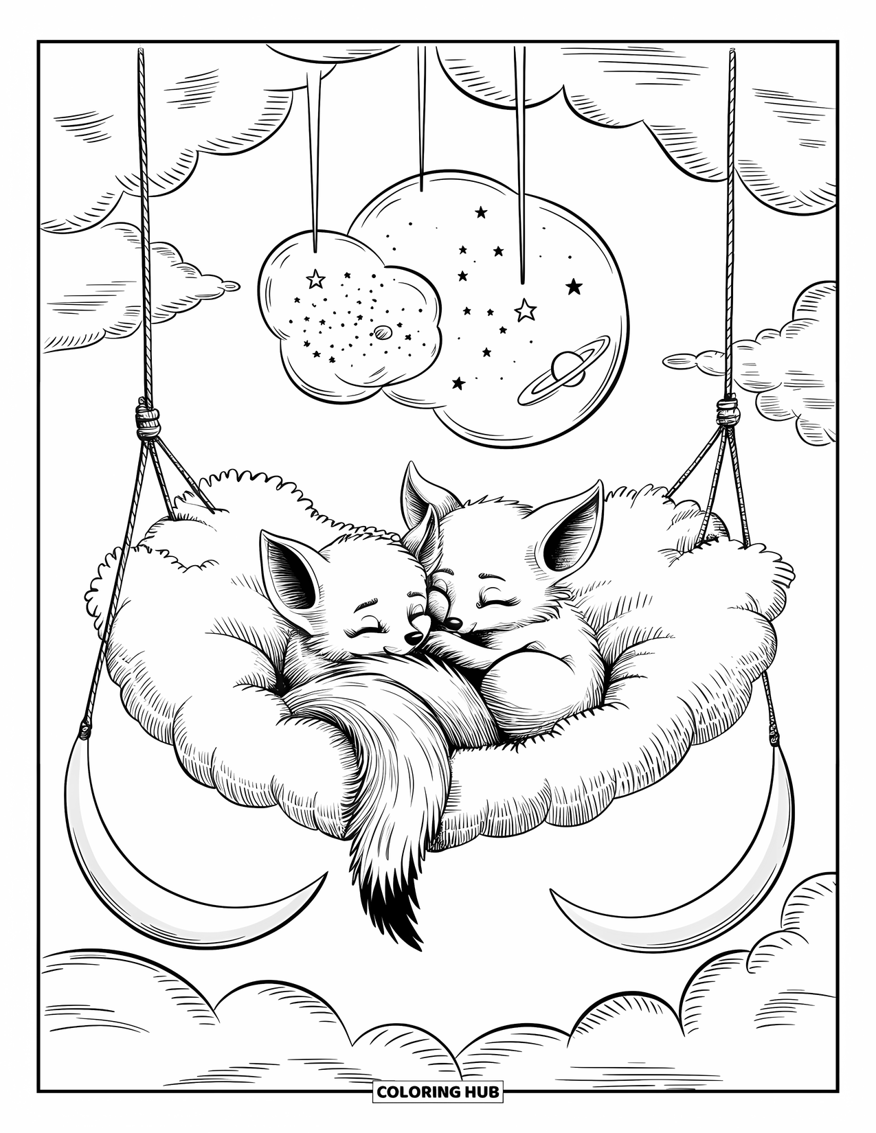 Dibujo de luna para colorear para adultos: Un par de crías de zorro descansan en una hamaca de nubes, con las colas entrelazadas bajo un cielo nocturno de ensueño