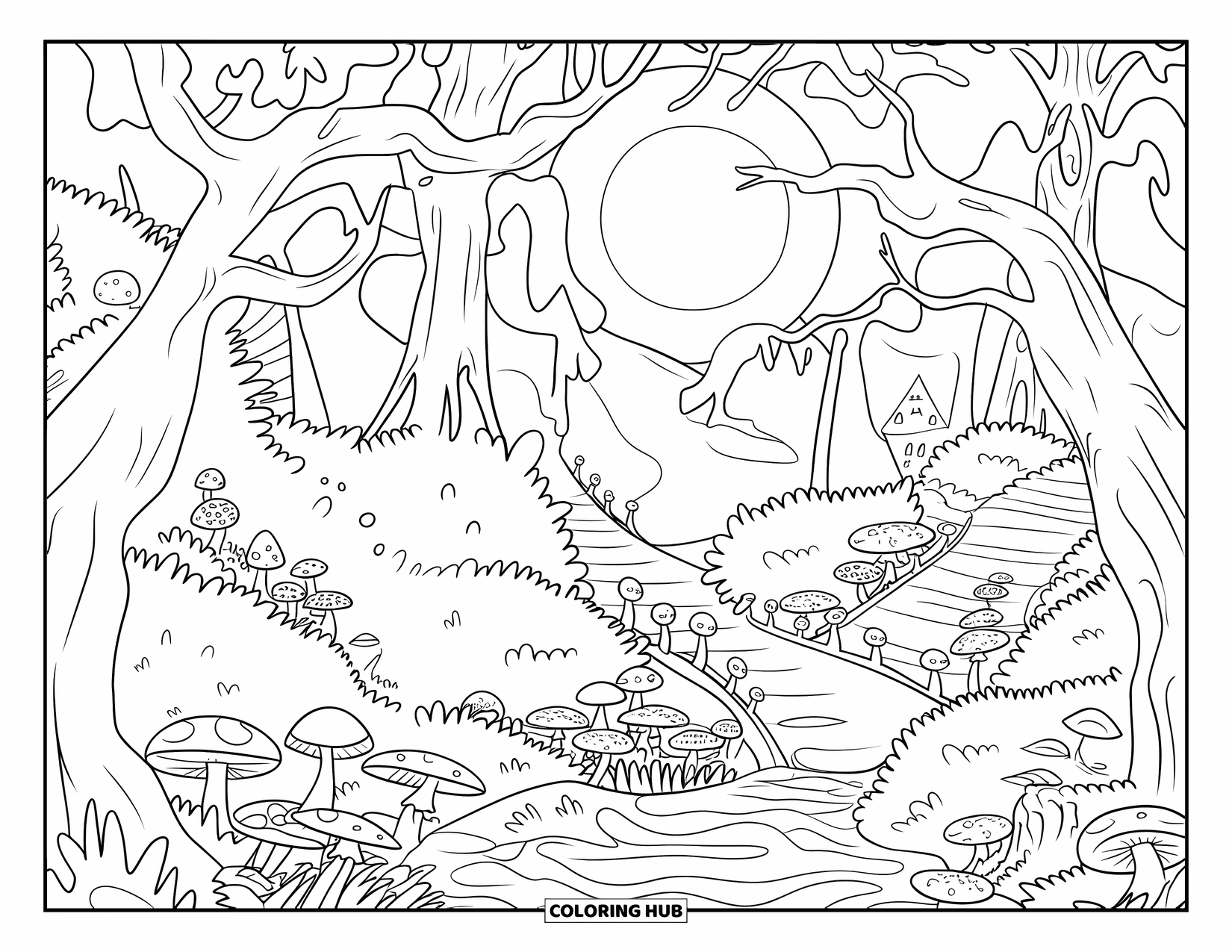 Dibujo de luna para colorear para adultos: Un sereno sendero forestal serpentea a través de árboles imponentes, hongos brillantes y luz de luna celestial