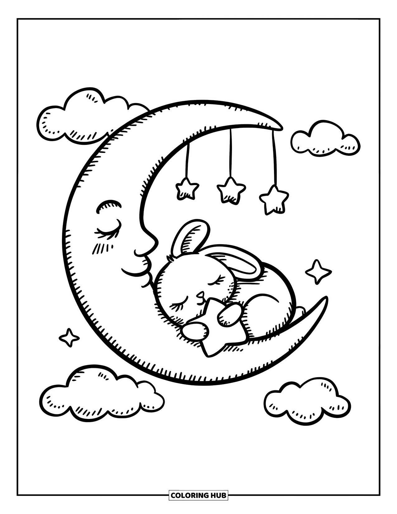 Dibujo de luna para colorear para adultos: Un conejito durmiendo descansa en una luna creciente, sosteniendo una pequeña almohada de estrella bajo un cielo nocturno de ensueño