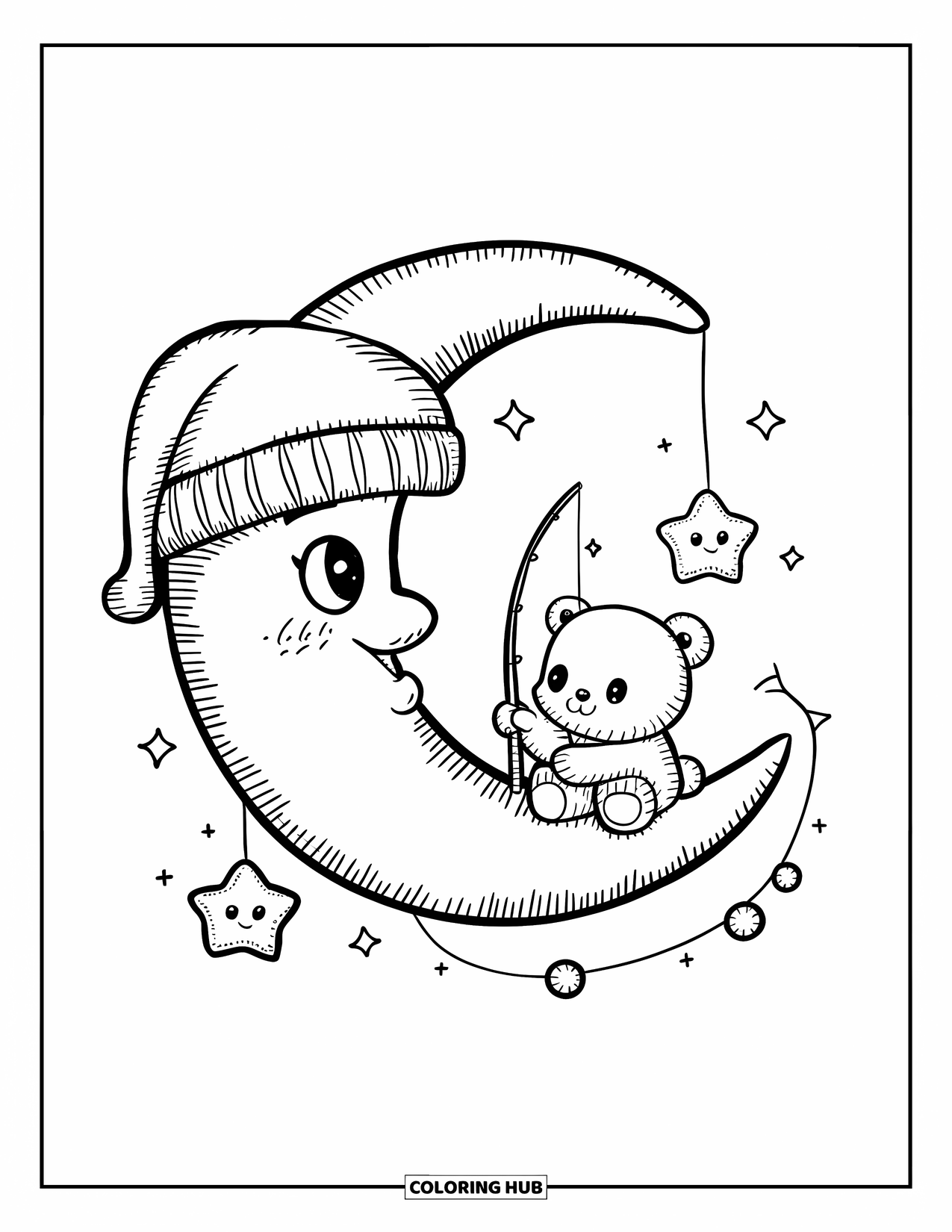 Dibujo de luna para colorear para adultos: Un pequeño oso pesca estrellas desde una luna creciente, rodeado de estrellas curiosas y brillantes