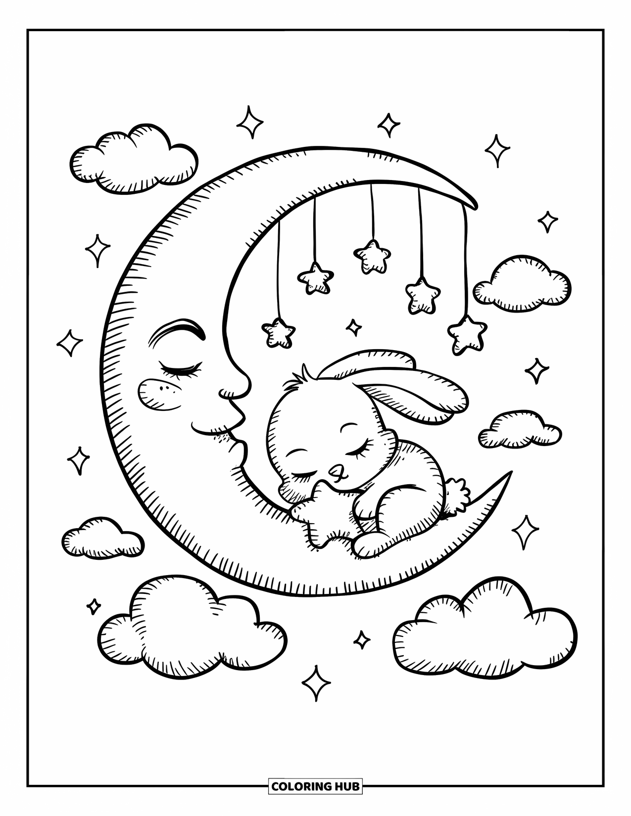 Dibujo de luna para colorear para adultos: Un pequeño conejito se acurruca en una luna creciente, sosteniendo una almohada de estrella mientras nubes esponjosas se desplazan