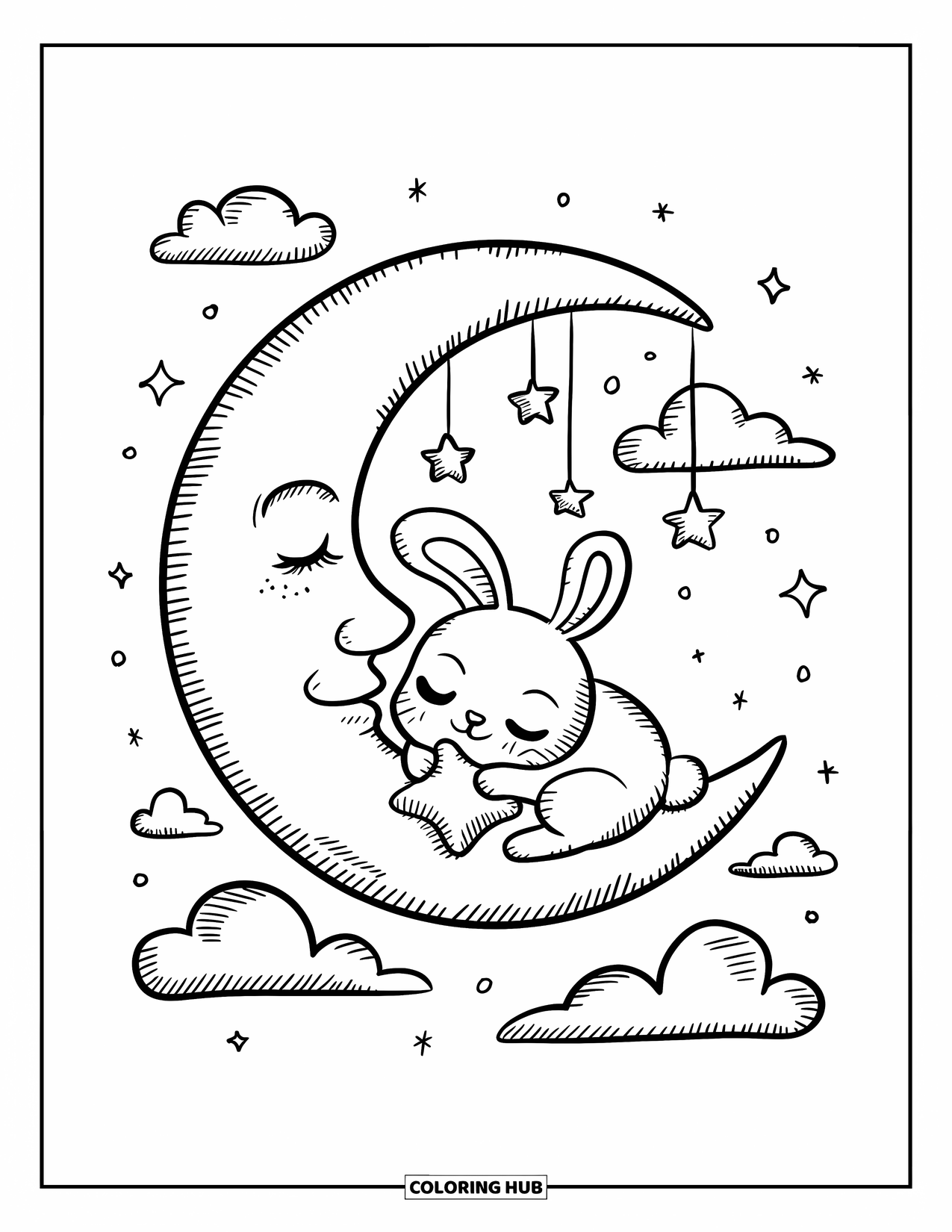 Dibujo de luna para colorear para adultos: Un pequeño conejito duerme en una luna creciente, abrazando una almohada en forma de estrella con nubes flotando cerca