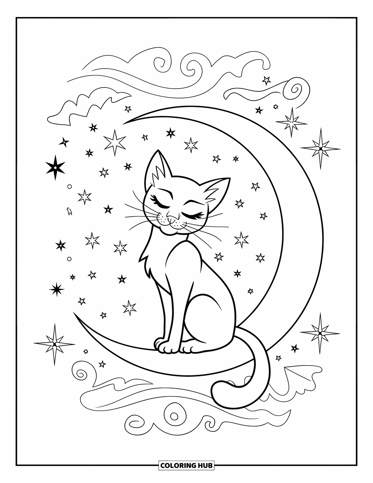 Dibujo de luna para colorear para adultos: Un gato elegante se sienta en una luna creciente, perdido en sus pensamientos bajo un vasto cielo estrellado