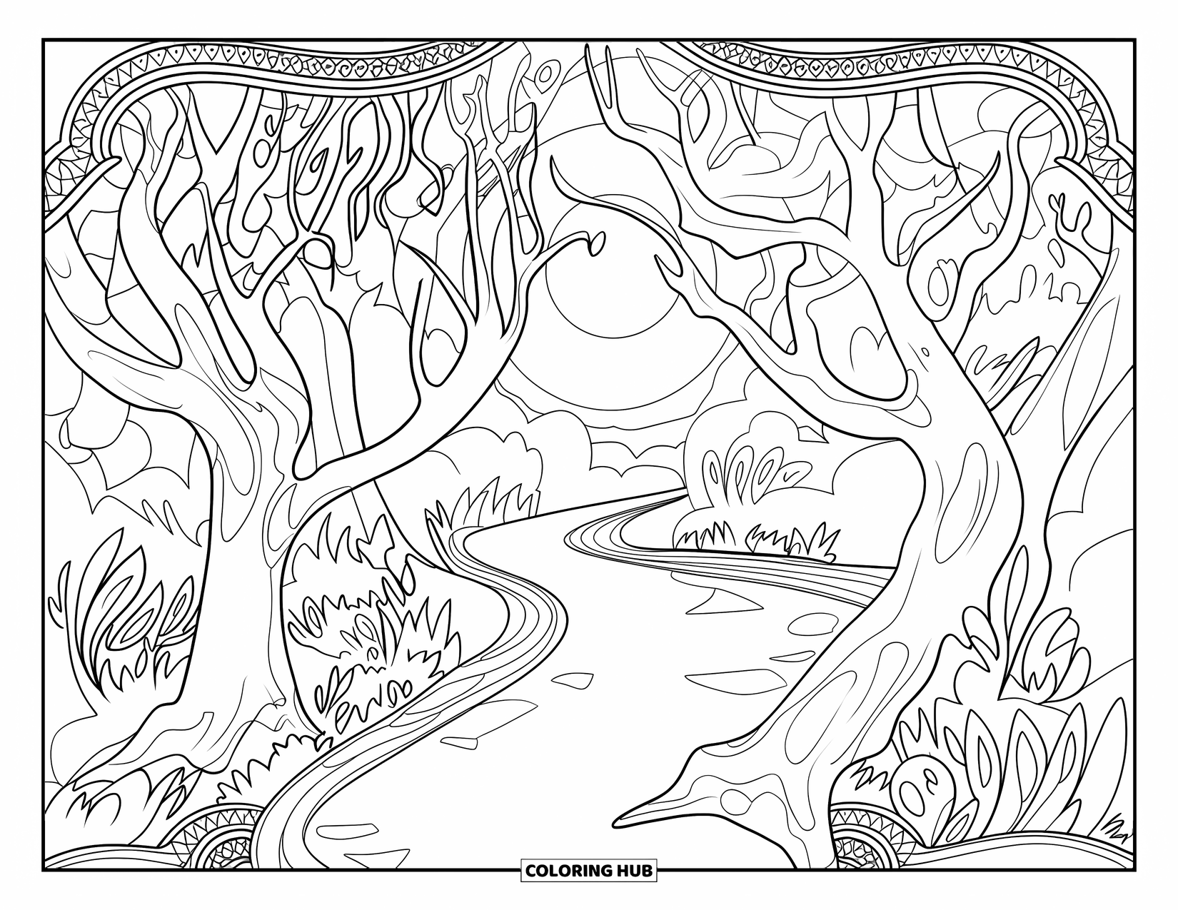 Dibujo de luna para colorear para adultos: Un bosque encantado bañado por la luz de la luna, con árboles antiguos que se extienden hacia el cielo e intrincados patrones nocturnos