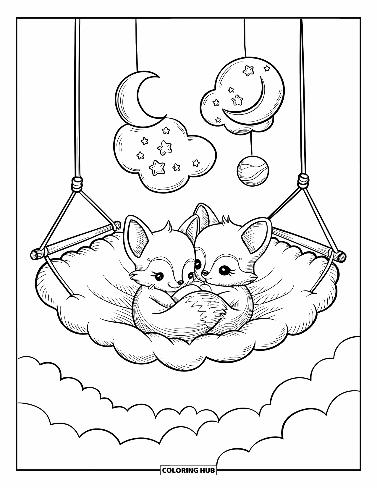 Dibujo de luna para colorear para adultos: Dos crías de zorro se acurrucan en una hamaca de nubes, rodeadas de burbujas de ensueño llenas de pequeñas estrellas